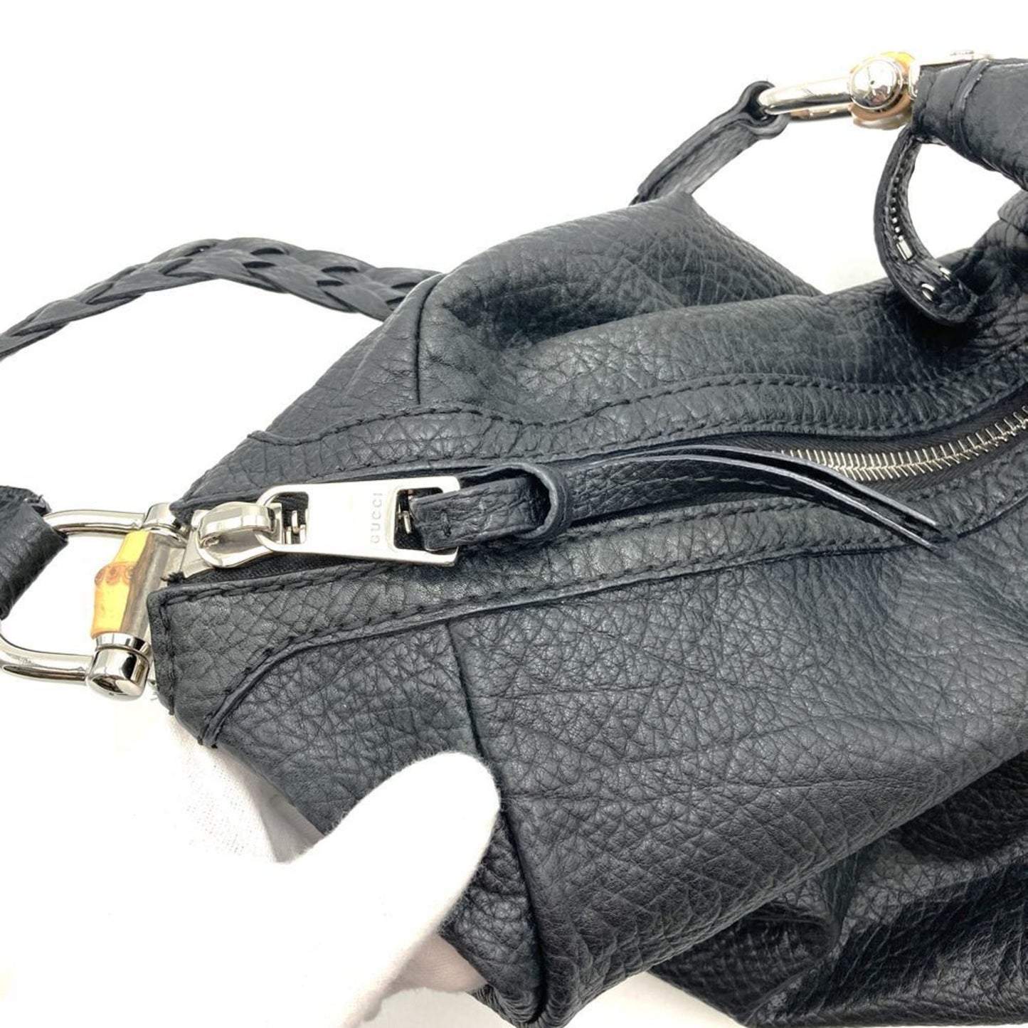Gucci Black Bamboo Leather Handbag Shoulder Bag ( )