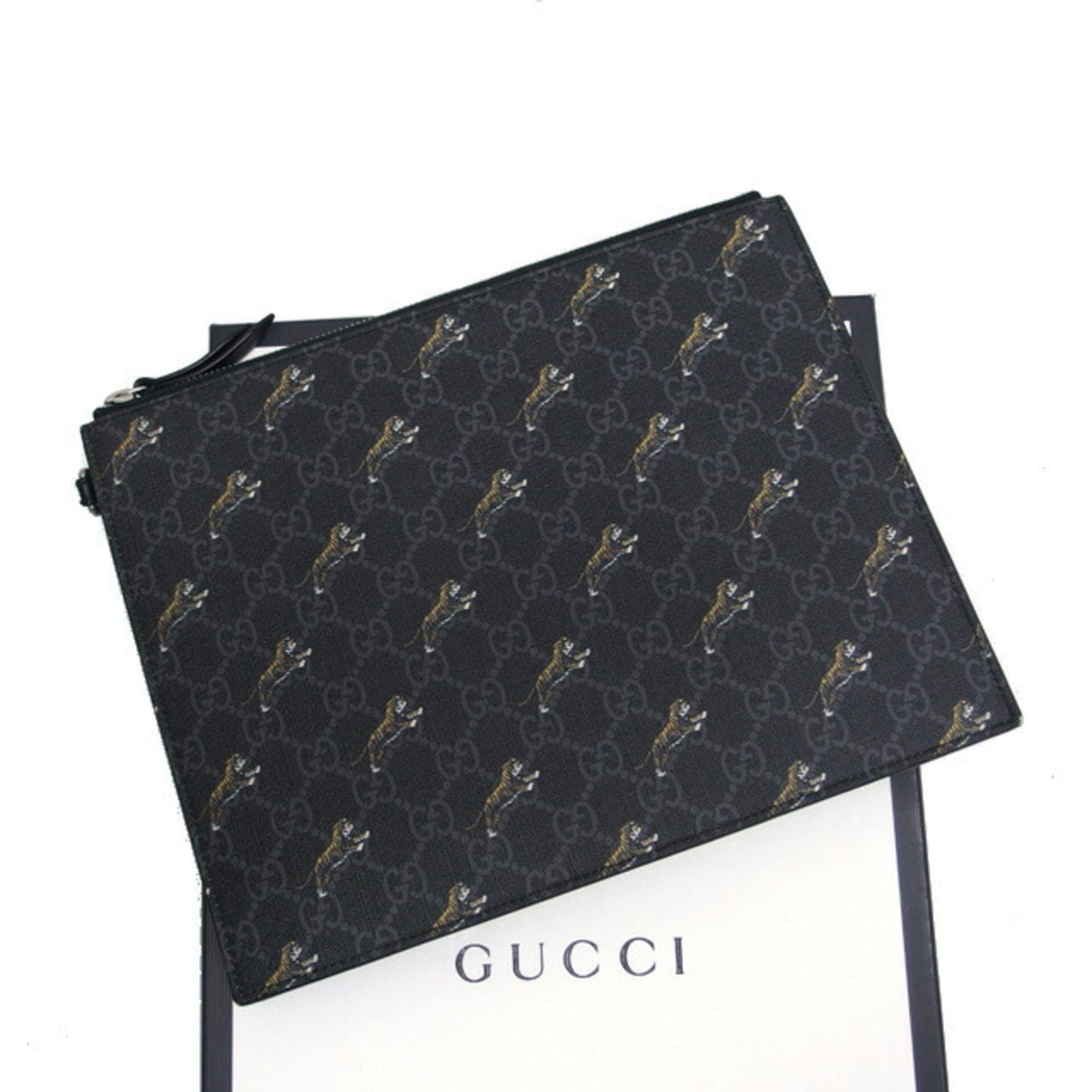 Gucci Black Charcoal Gray Yellow Coated Canvas Leather Clutch Bag Pouch ( )