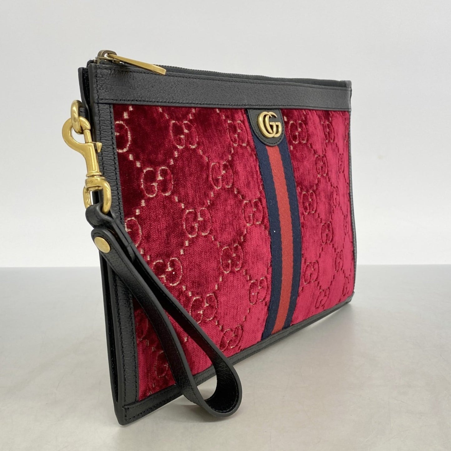 Gucci Black Red Color Velvet Leather Clutch Bag ( )