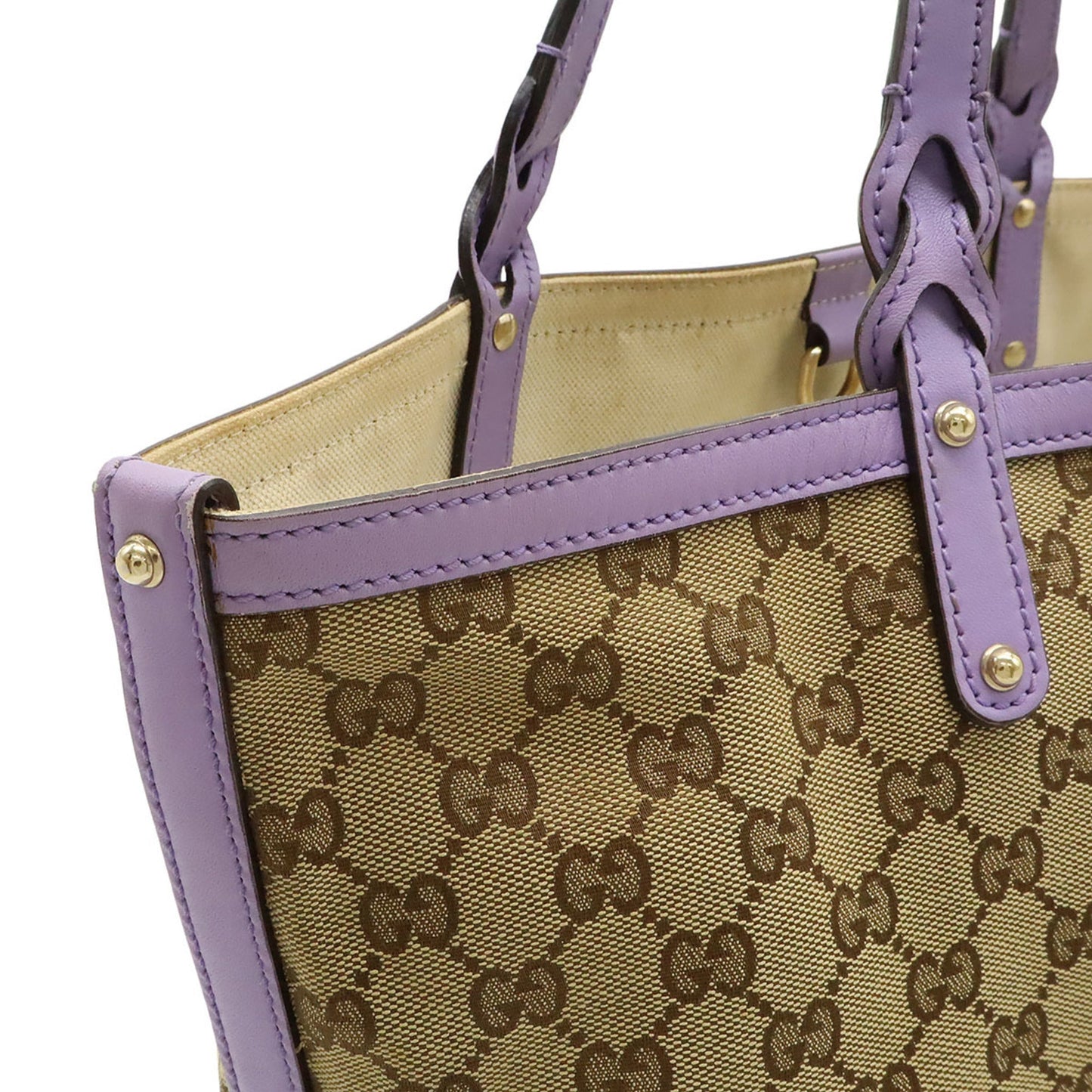 Gucci Beige Khaki Purple Gg Canvas Leather Shoulder Bag Tote Bag ( )
