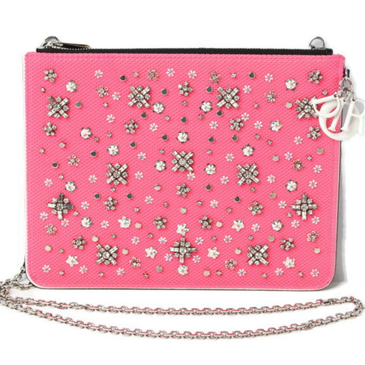 Christian Dior Chain Shoulder Bag Clutch Pouch Rhinestone Studs Pink Black