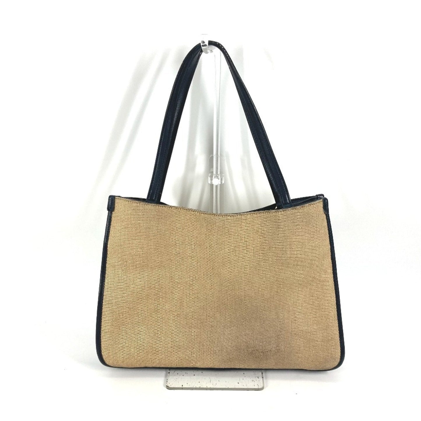 Gucci Beige Navy Canvas Leather Shoulder Bag Tote Bag ( )