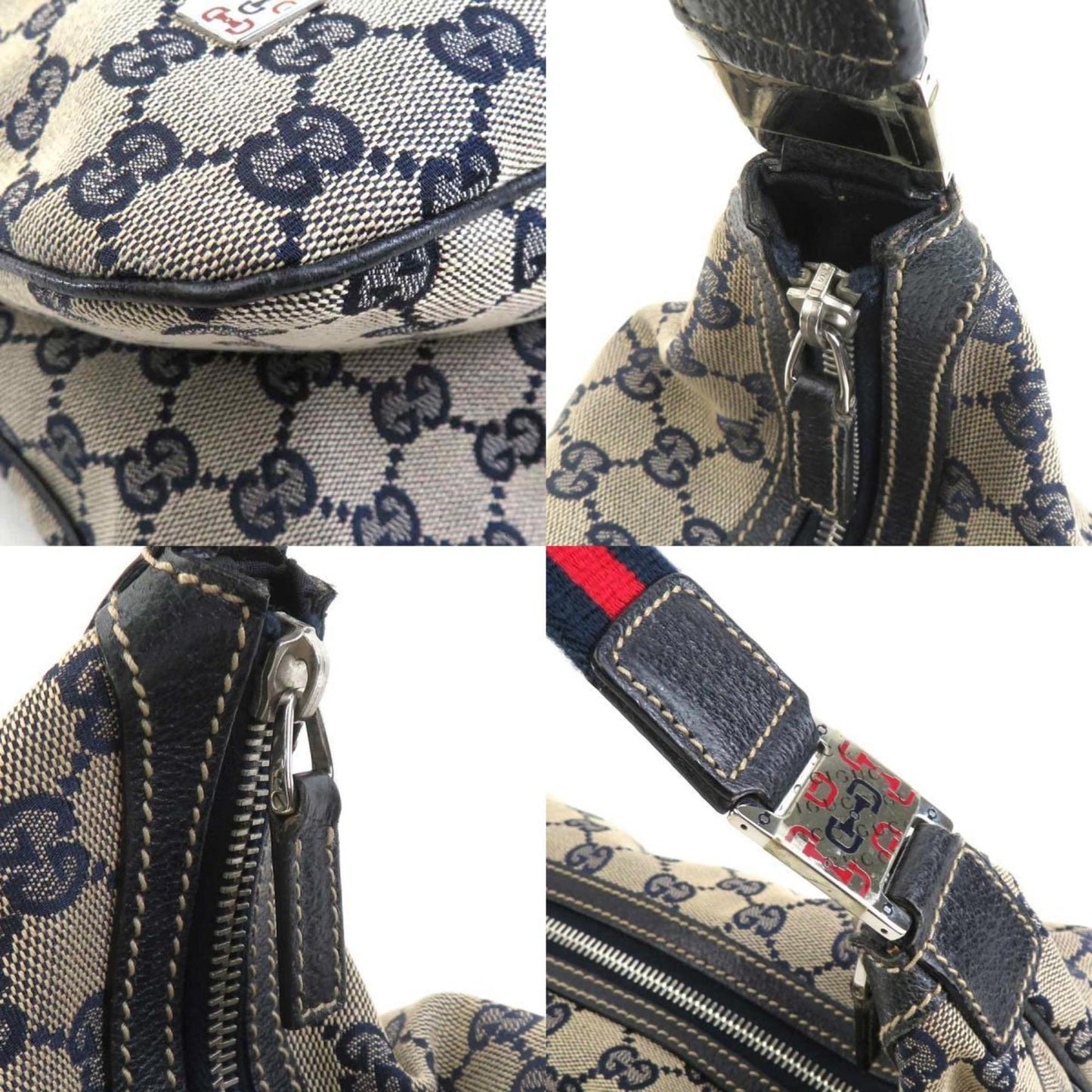 Gucci Beige Navy Red Color Gg Canvas Shoulder Bag ( )