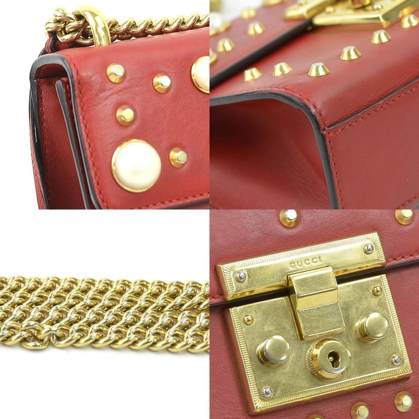 Gucci Red Color Leather Artificial Pearl Metal Shoulder Bag ( )