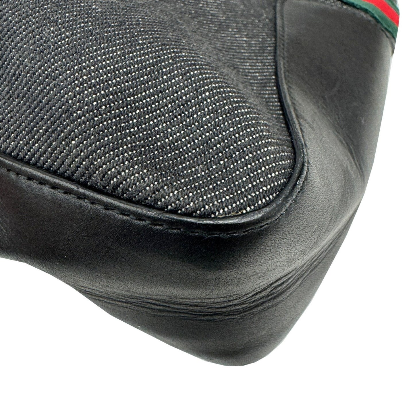 Gucci Sherry Line Black Denim Leather Handbag Tote Bag ( )