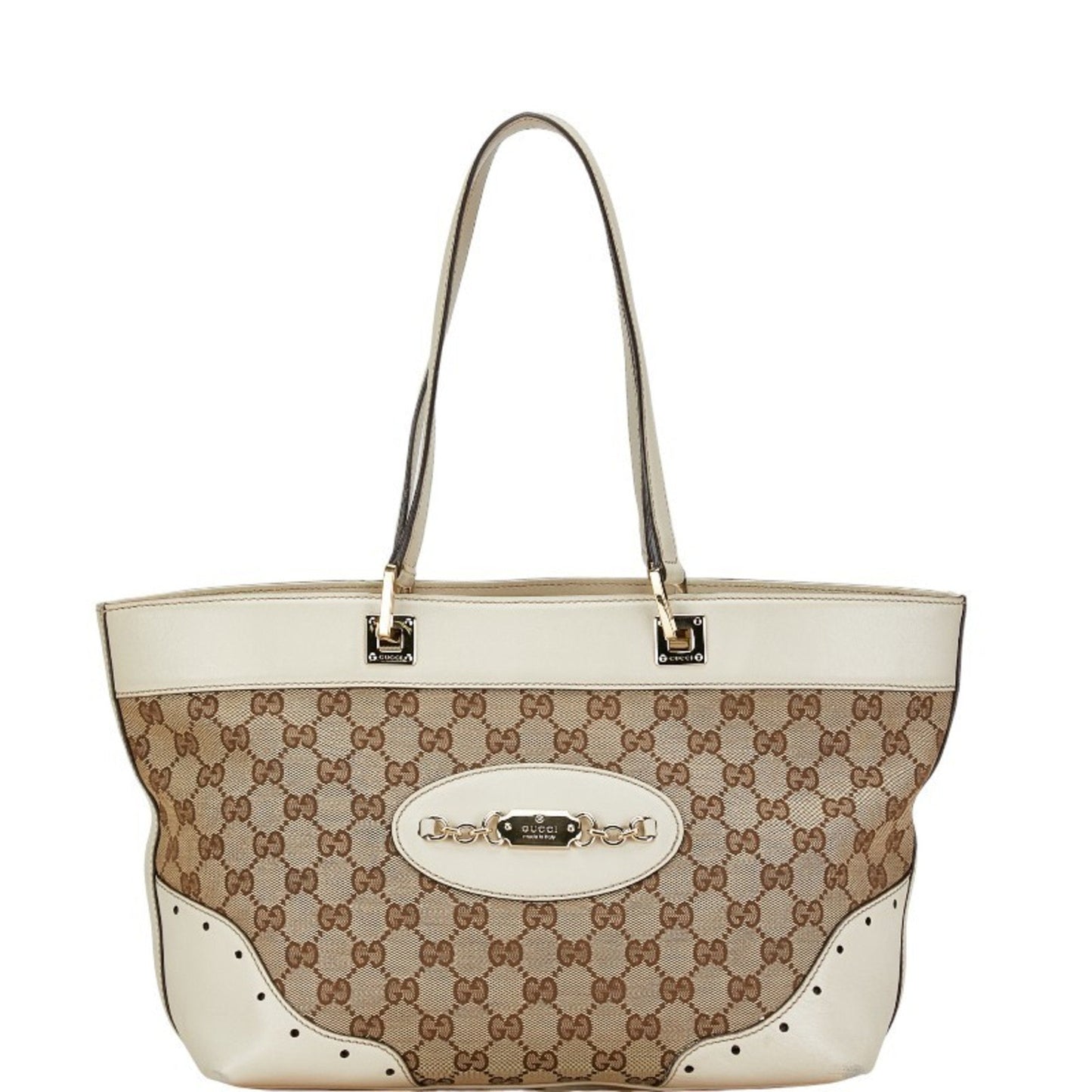 Gucci Beige White Gg Canvas Leather Handbag Tote Bag ( )