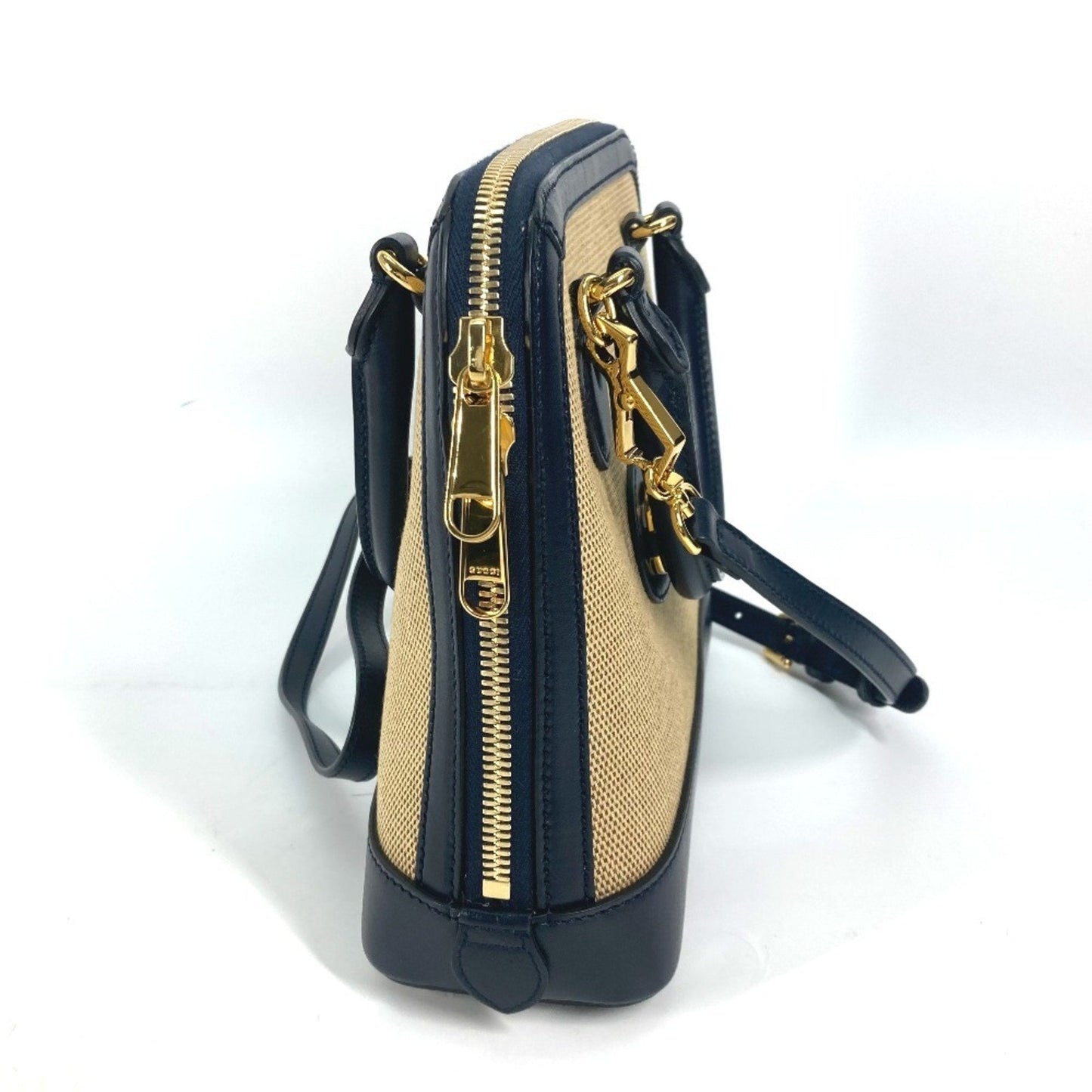 Gucci Beige Dark Navy Canvas Leather Handbag Shoulder Bag ( )