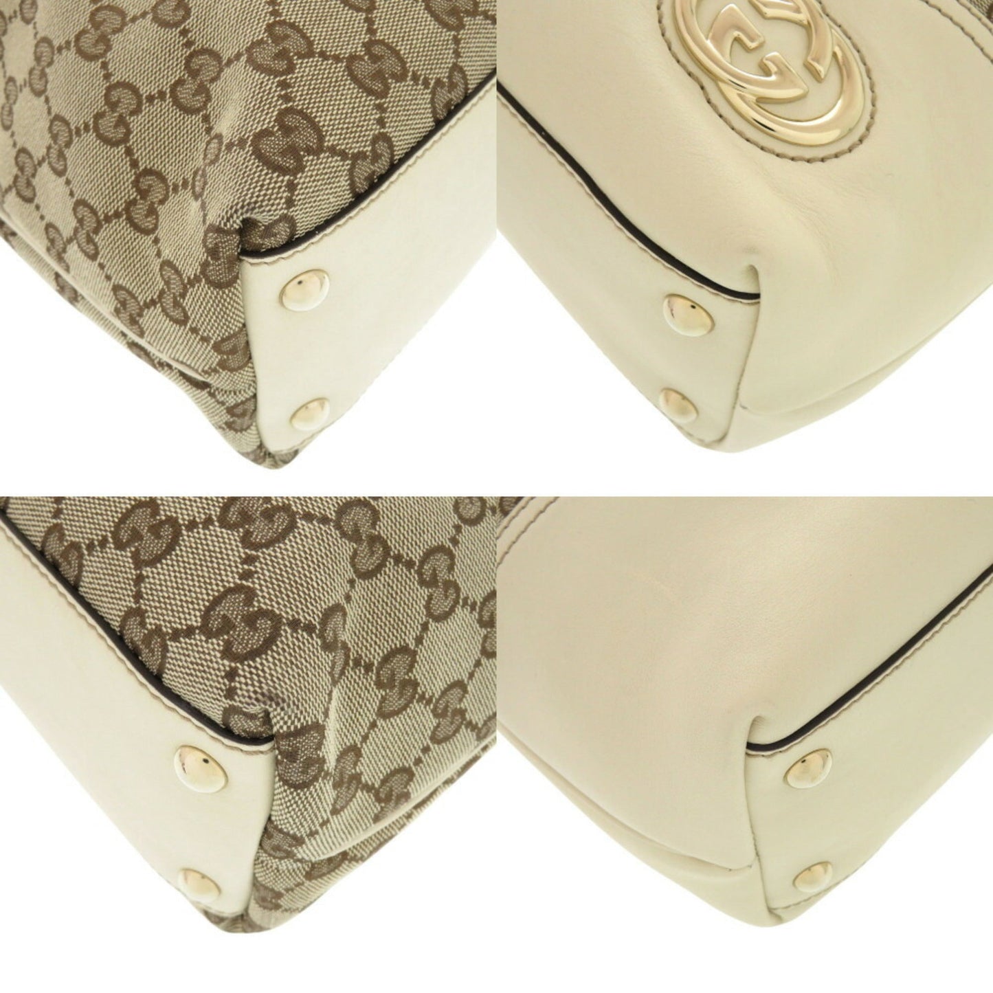 Gucci Beige White Gg Canvas Leather Tote Bag ( )