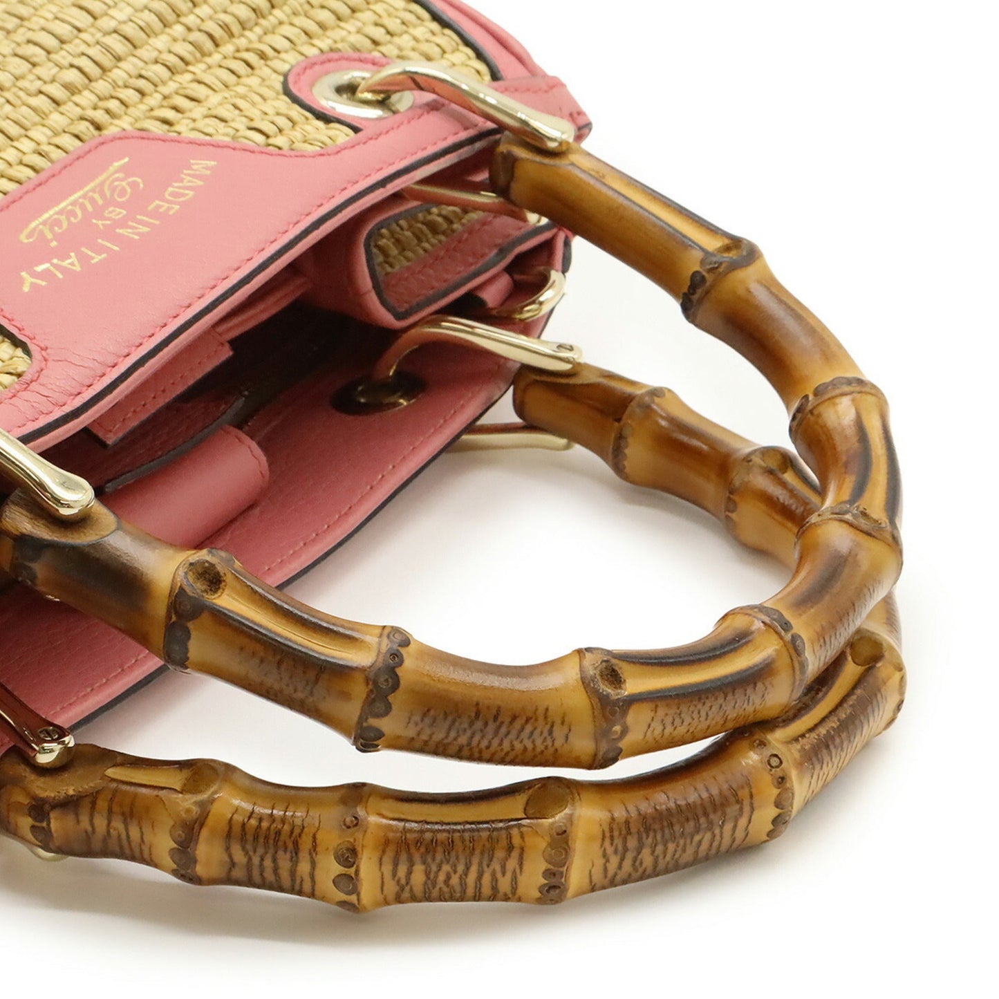 Gucci Pink Straw Leather Bamboo Handbag Shoulder Bag ( )