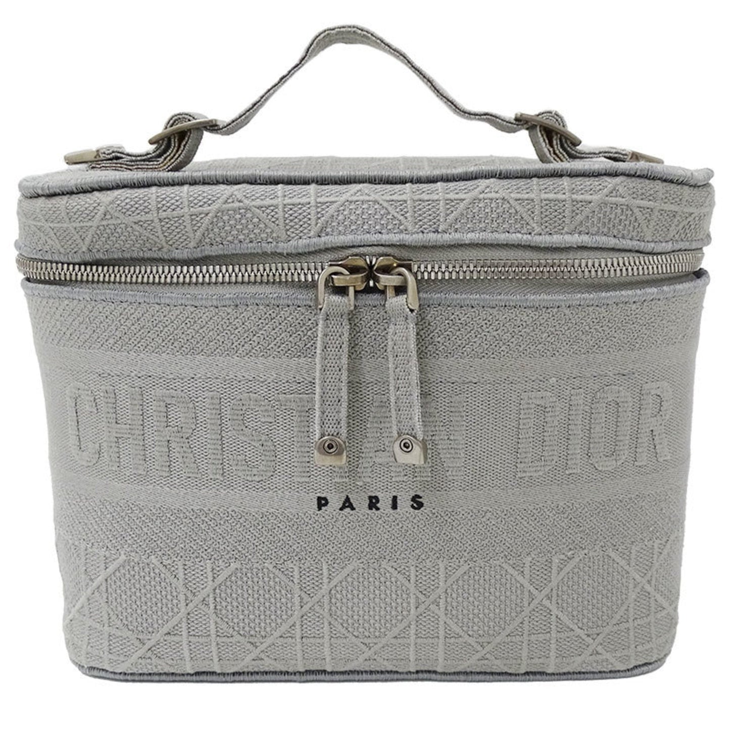 CHRISTIAN DIOR Bag Women's Canvas Vanity Handbag Gray Canage Embroidered Makeup Storage