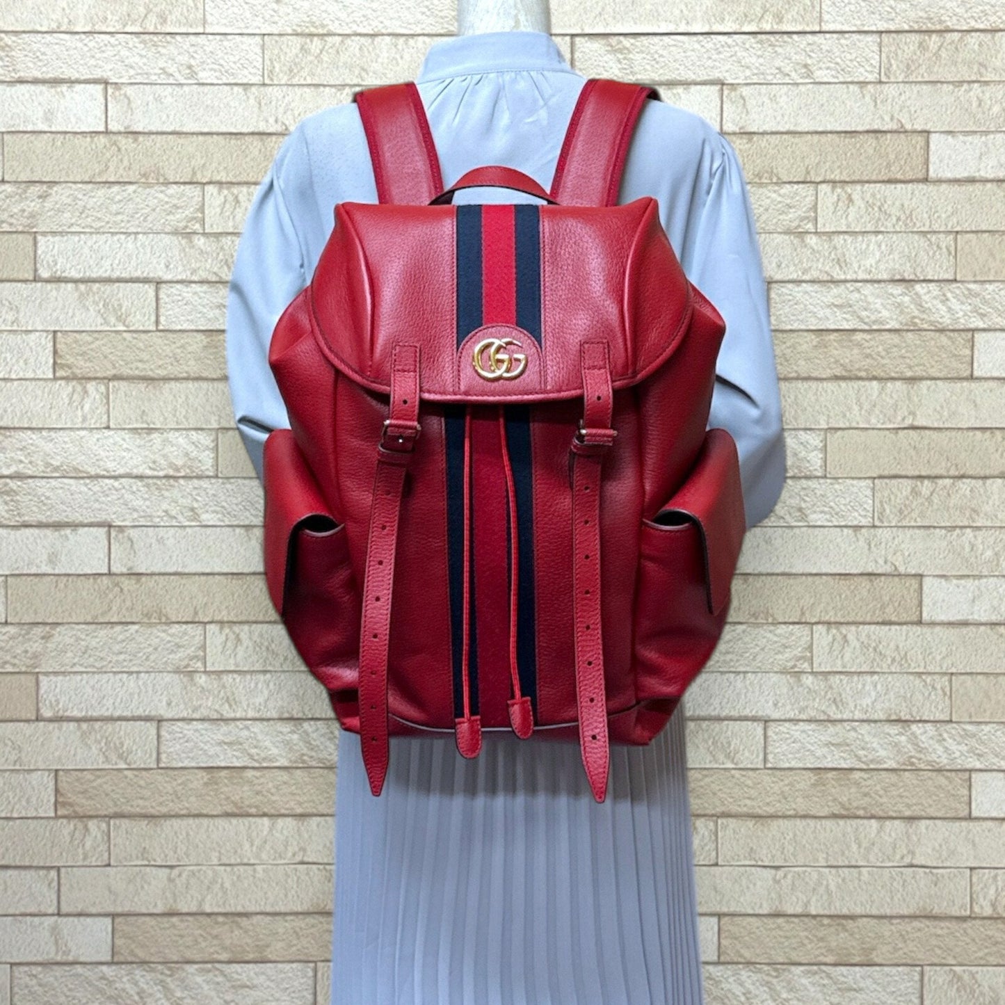 Gucci Navy Red Color Leather Backpack ( )