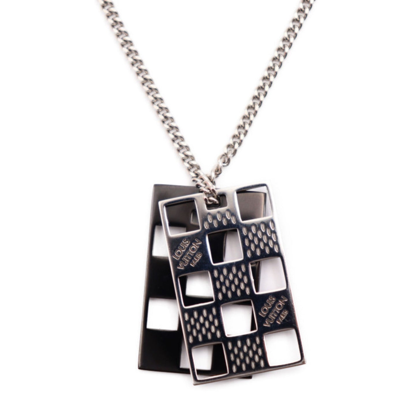 LOUIS VUITTON Collier Plate Damier Perforate Necklace M64191 Metal Silver Black Pendant