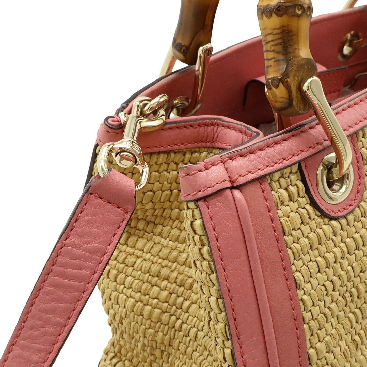 Gucci Pink Straw Leather Bamboo Handbag Shoulder Bag ( )