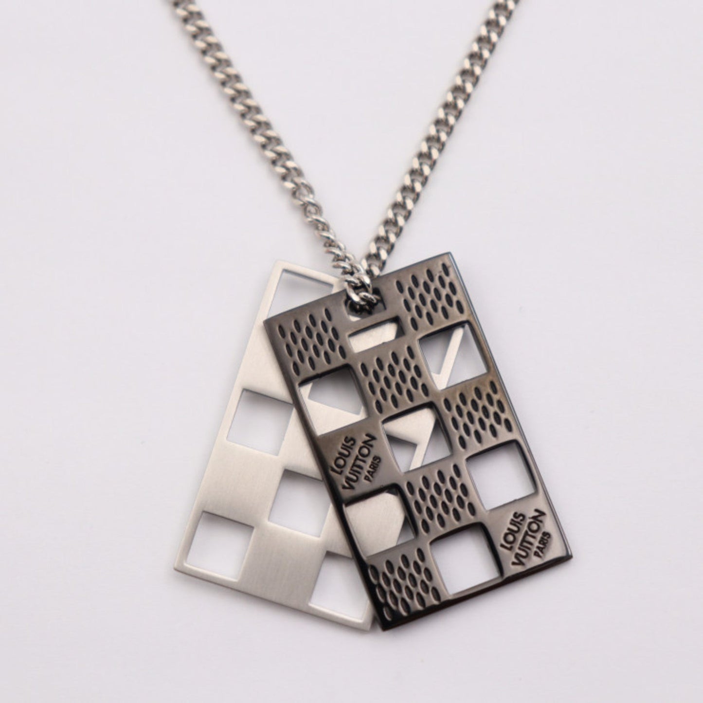 LOUIS VUITTON Collier Plate Damier Perforate Necklace M64191 Metal Silver Black Pendant