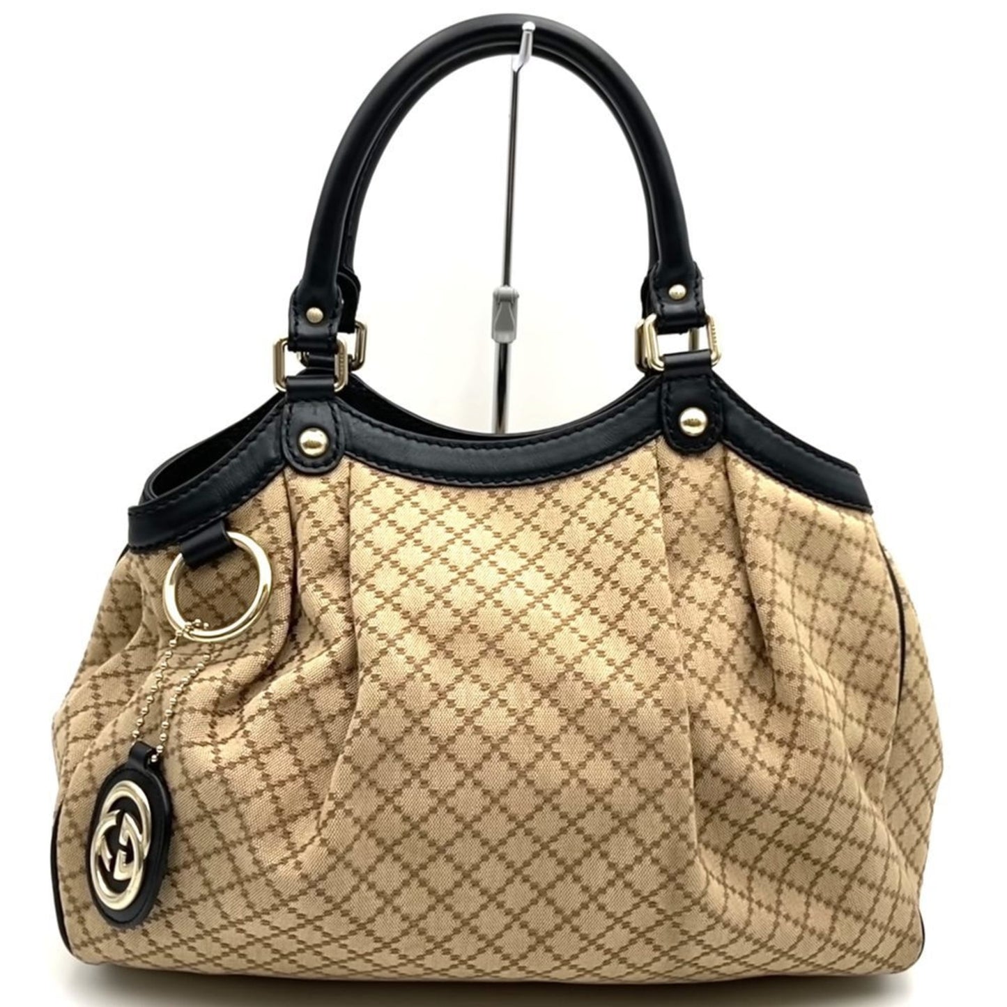 Gucci Beige Black Brown Canvas Leather Tote Bag ( )