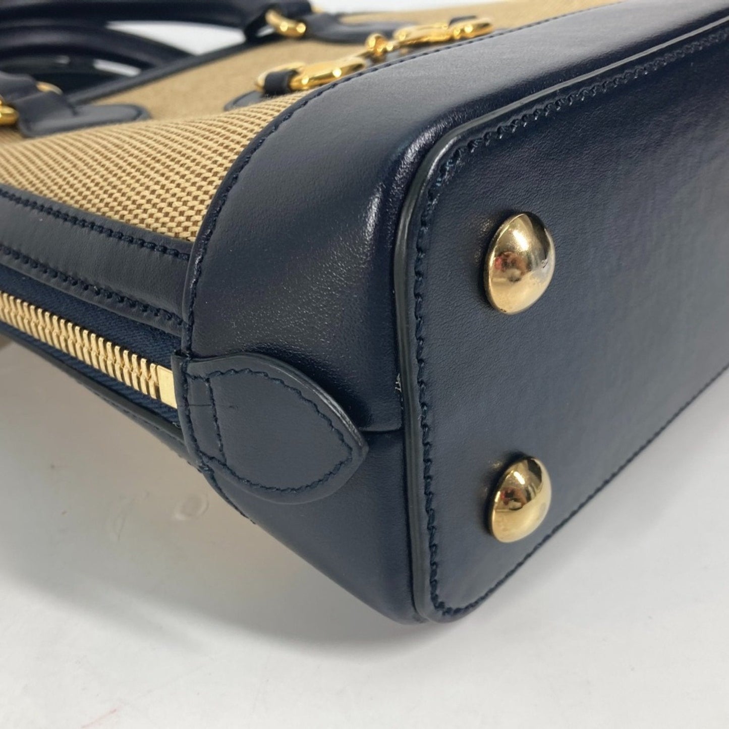 Gucci Beige Dark Navy Canvas Leather Handbag Shoulder Bag ( )