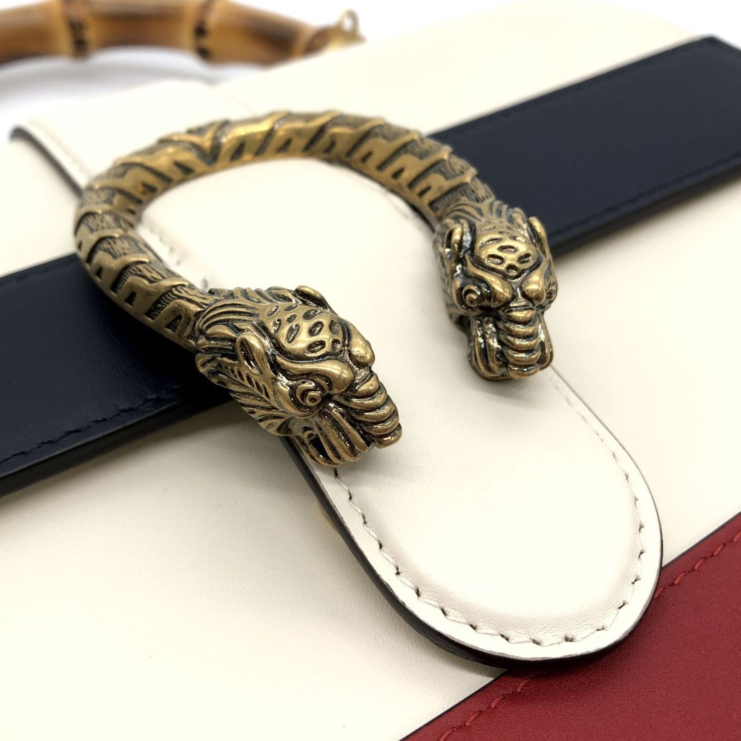 Gucci Ivory Navy Red Color Bamboo Leather Handbag ( )