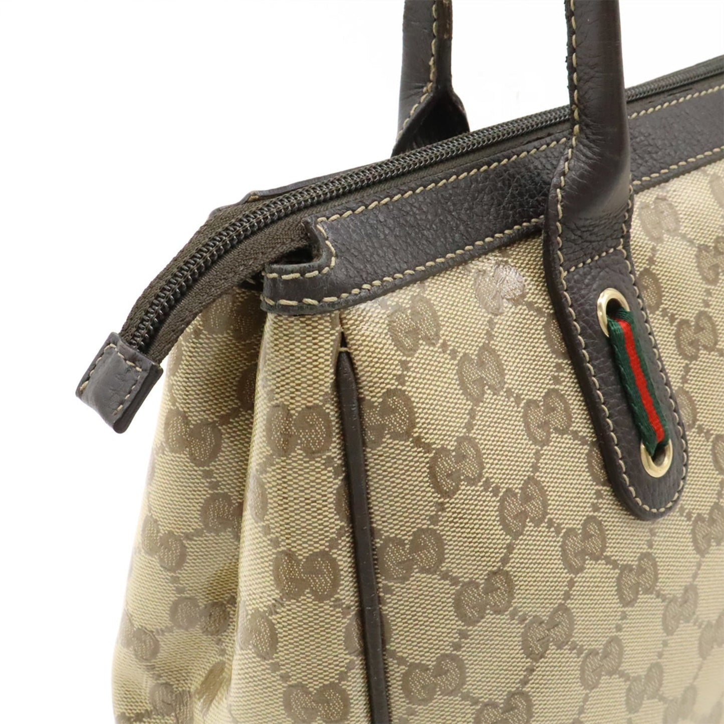 Gucci Beige Dark Brown Khaki Multi-Color Gg Crystal Leather Handbag Tote Bag ( )