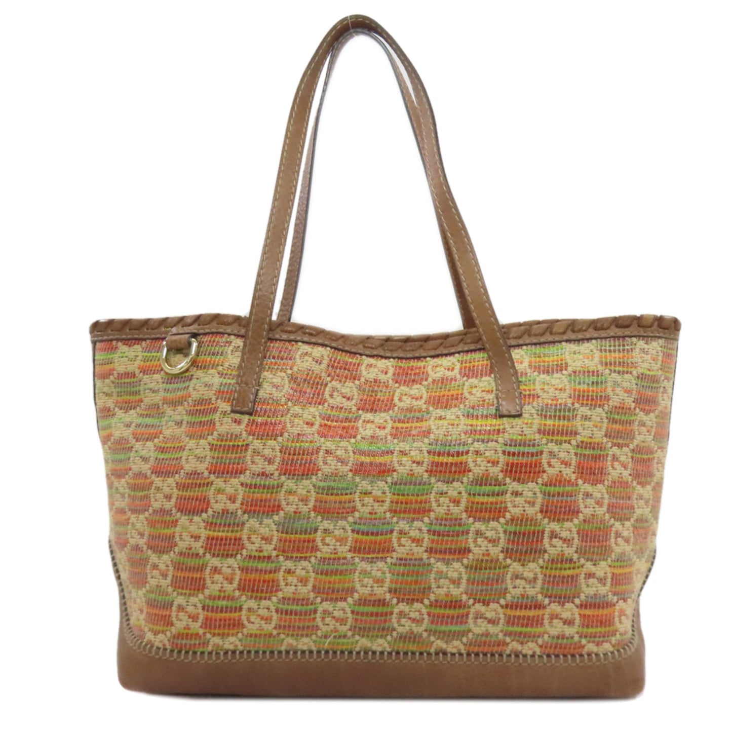 Gucci Blue Brown Orange Leather Straw Tote Bag ( )