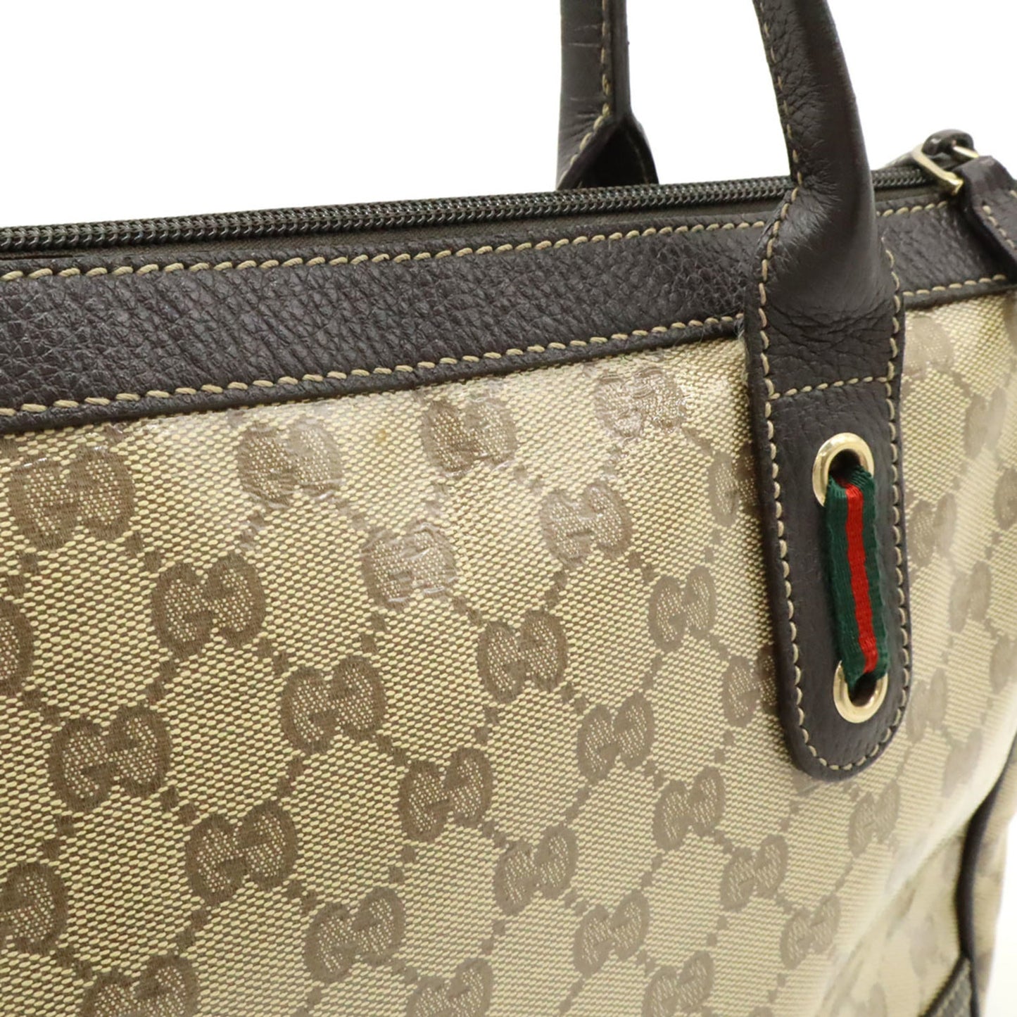 Gucci Beige Dark Brown Khaki Multi-Color Gg Crystal Leather Handbag Tote Bag ( )