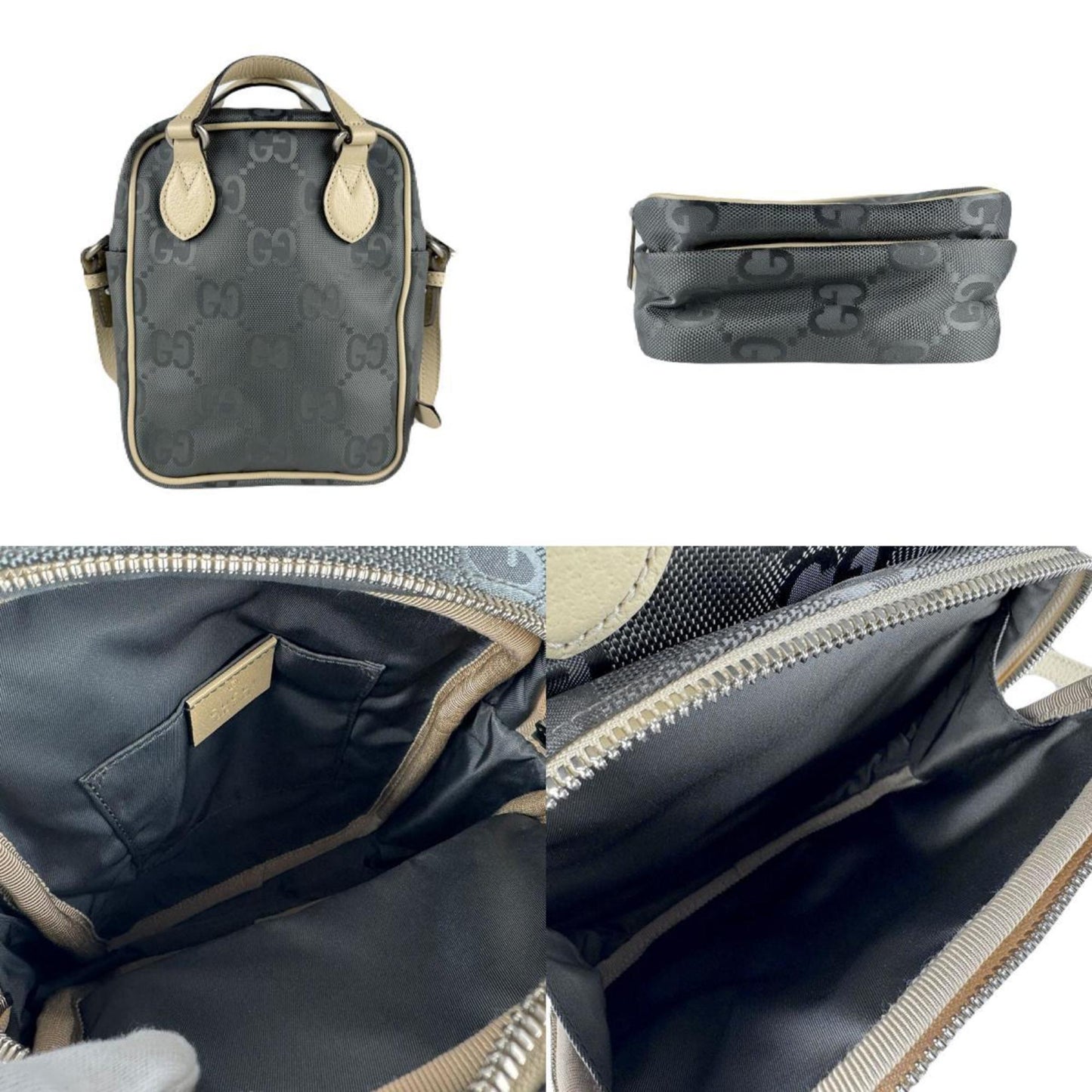 Gucci Beige Gray Nylon Leather Handbag Shoulder Bag ( )