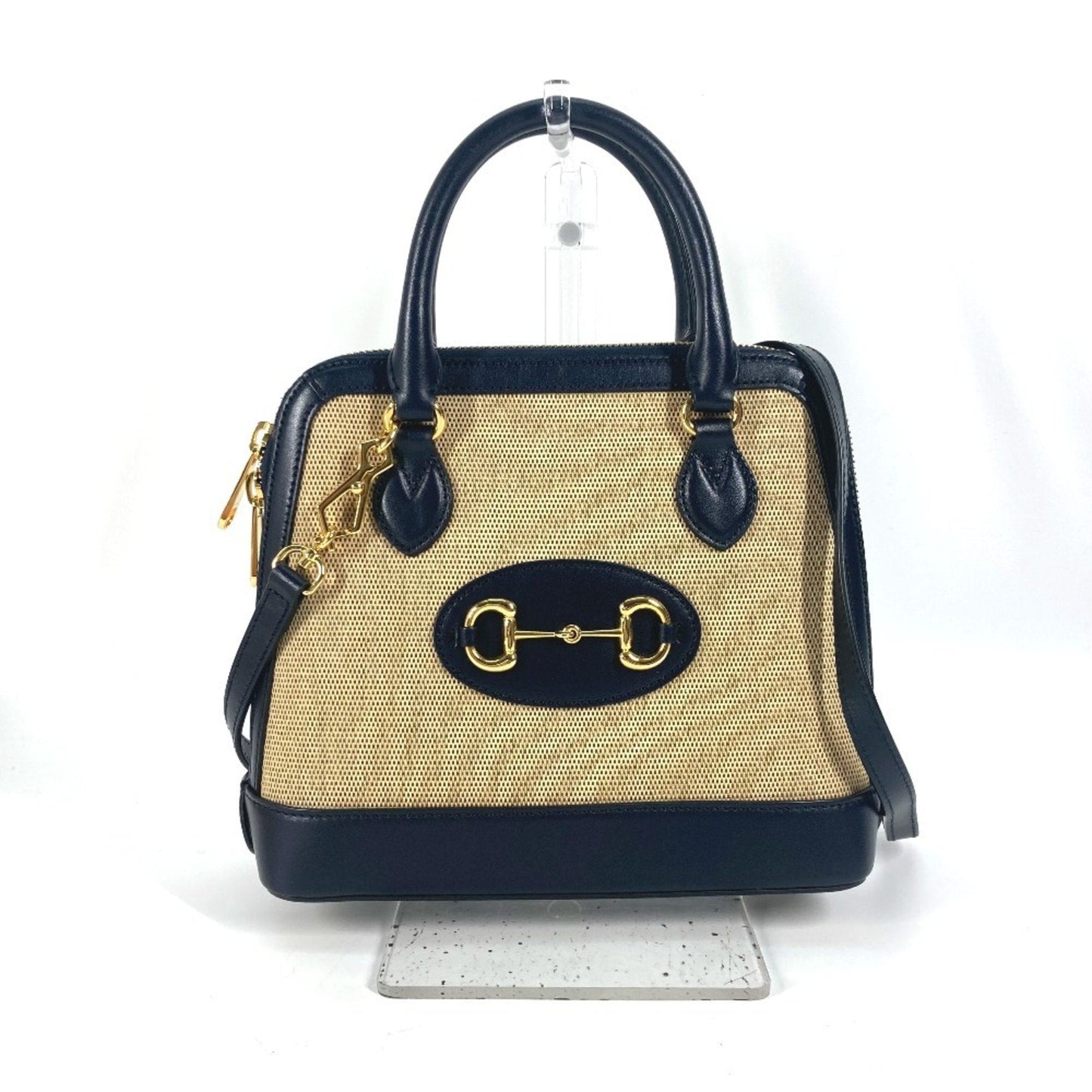 Gucci Beige Dark Navy Canvas Leather Handbag Shoulder Bag ( )