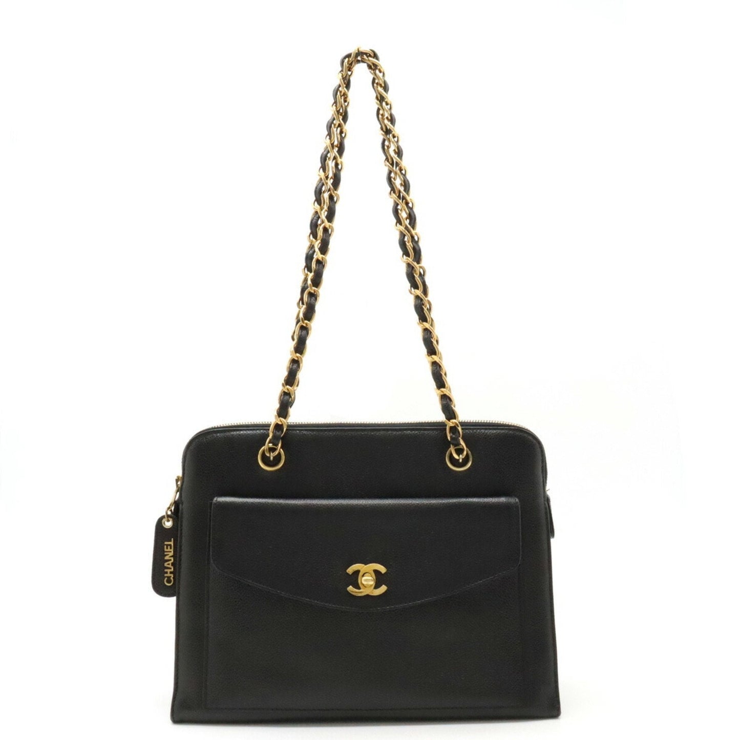 CHANEL Coco Mark Chain Tote Bag Shoulder Caviar Skin Leather Black A08904