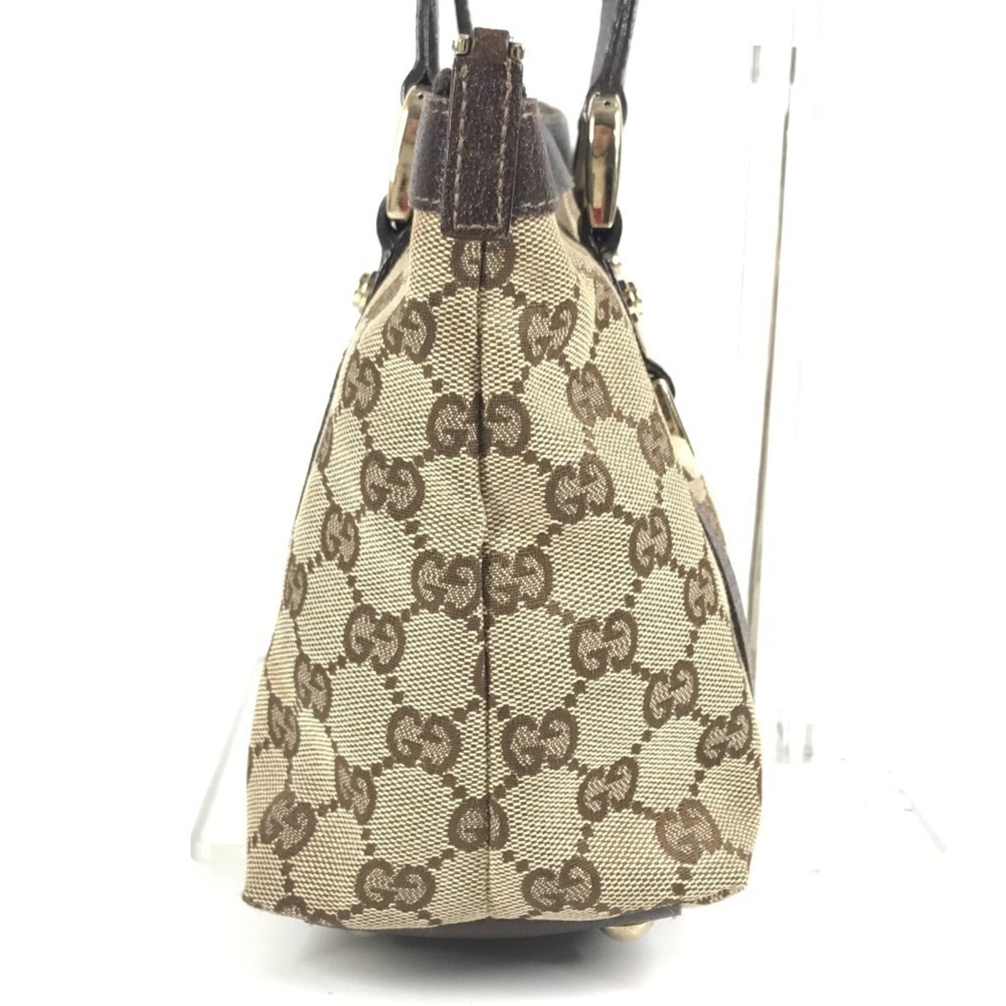 Gucci Beige Dark Brown Gg Canvas Leather Handbag Shoulder Bag Tote Bag ( )