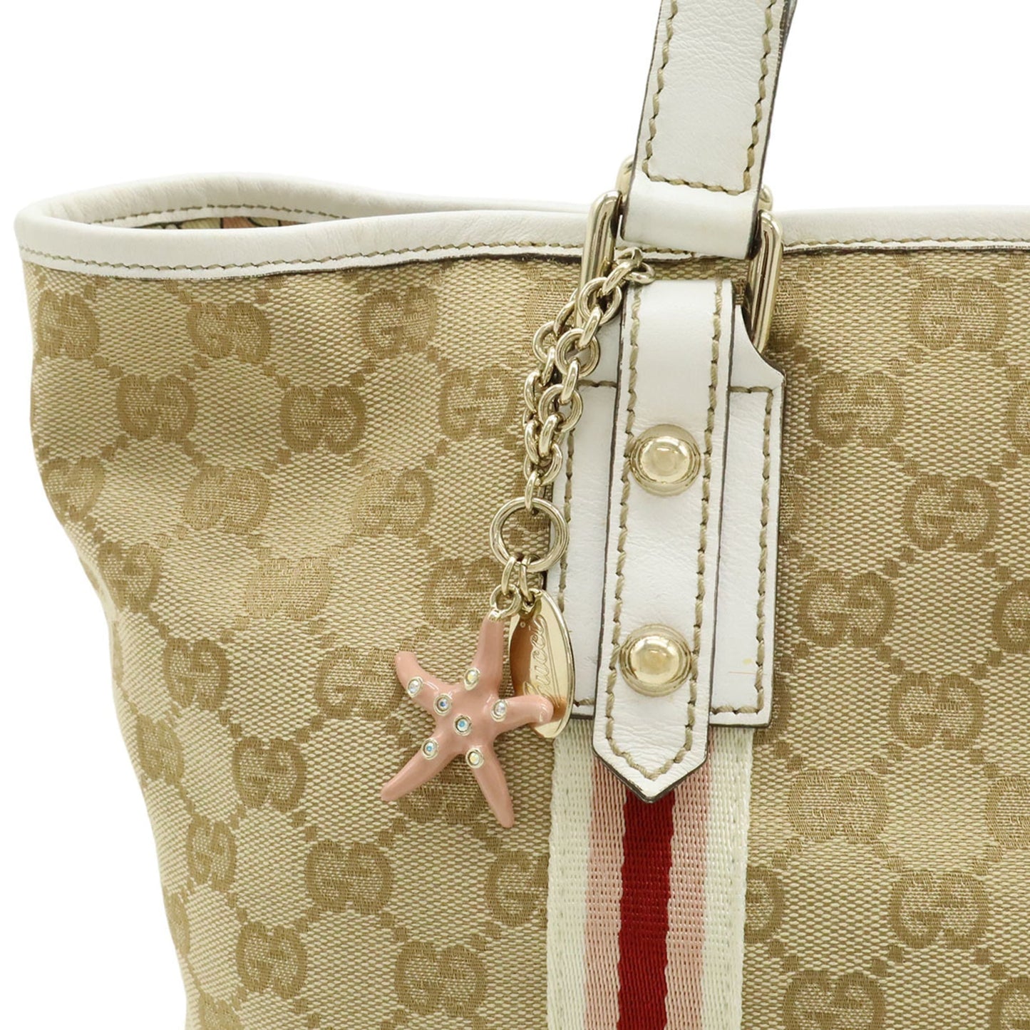 Gucci Beige Khaki White Canvas Leather Shoulder Bag Tote Bag ( )