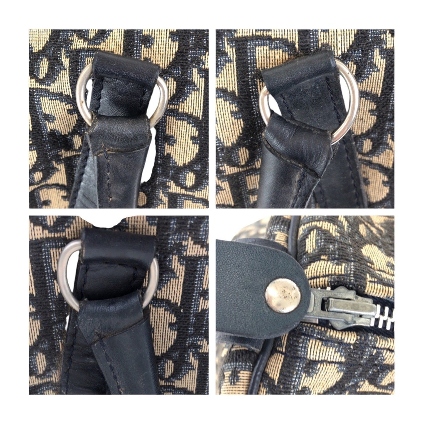 Christian Dior Trotter Beige Navy Canvas Leather Boston Bag Handbag ()