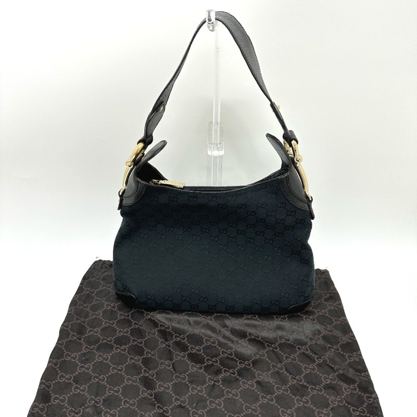 Gucci Horsebit Black Gg Canvas Leather Handbag Shoulder Bag ( )