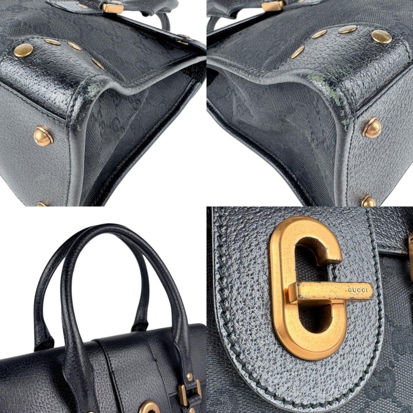 Gucci Black Gg Canvas Leather Handbag ( )