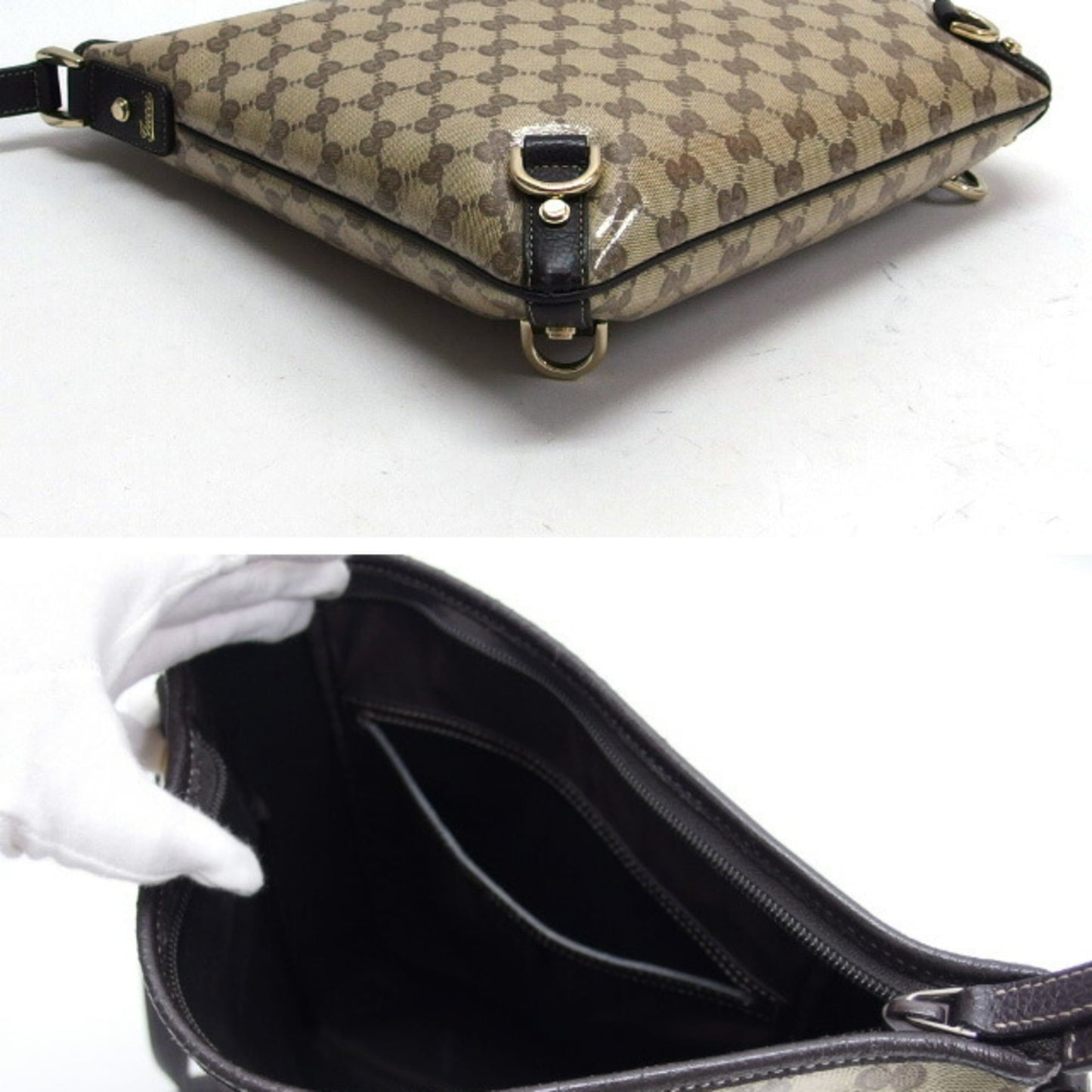 Gucci Beige Dark Brown Coated Canvas Leather Shoulder Bag ( )