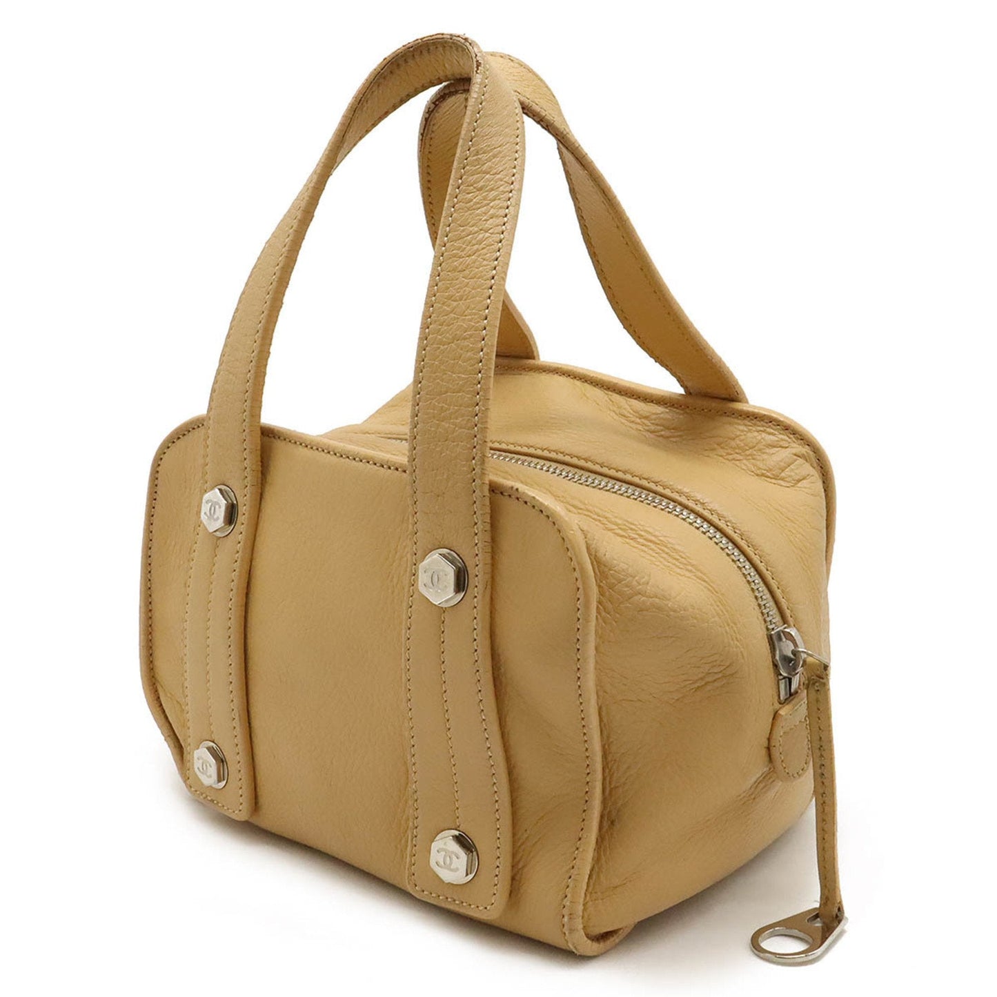CHANEL Coco Mark Handbag Bag Boston Leather Beige