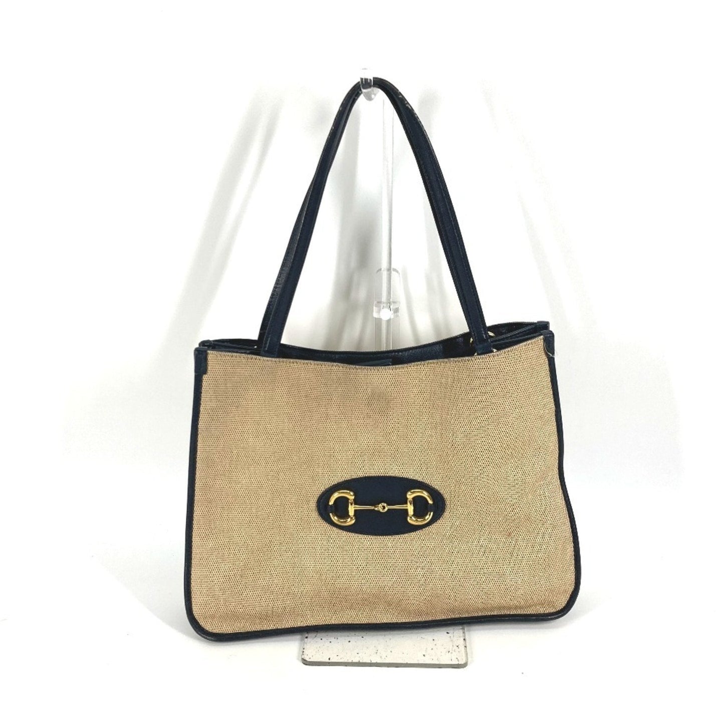 Gucci Beige Navy Canvas Leather Shoulder Bag Tote Bag ( )