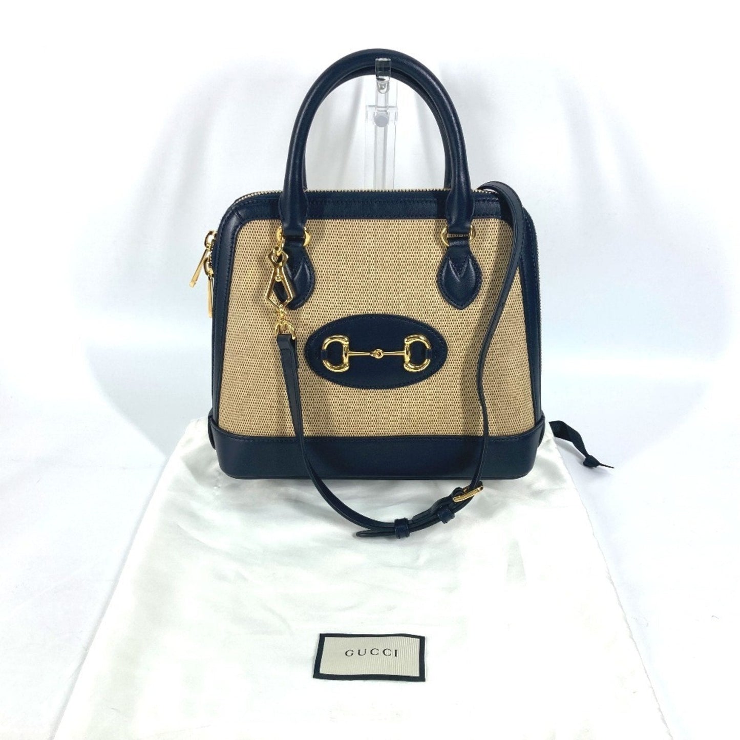 Gucci Beige Dark Navy Canvas Leather Handbag Shoulder Bag ( )