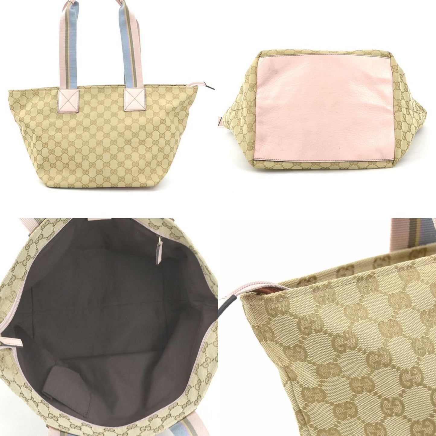 Gucci Beige Blue Pink Gg Canvas Leather Shoulder Bag Tote Bag ( )