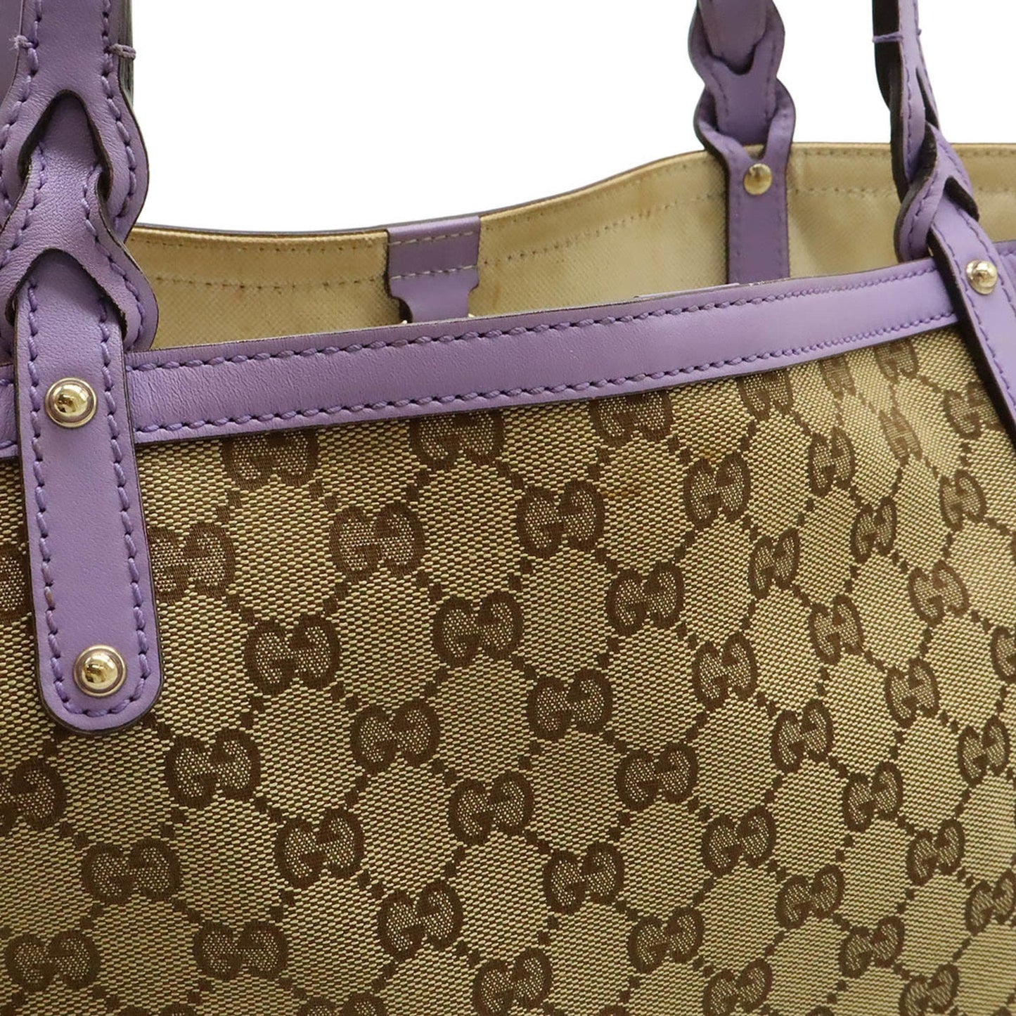 Gucci Beige Khaki Purple Gg Canvas Leather Shoulder Bag Tote Bag ( )