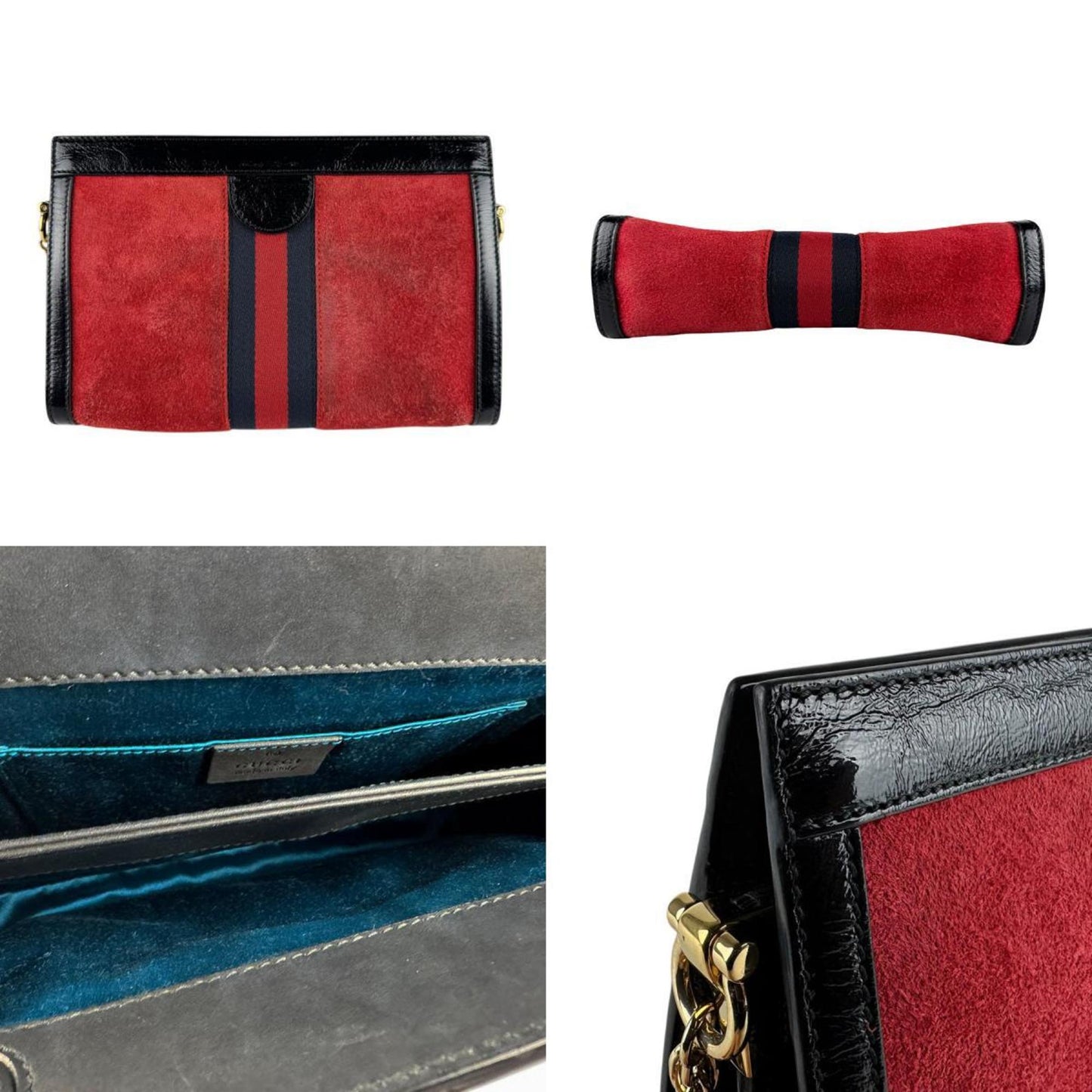 Gucci Black Red Color Suede Patent Leather Shoulder Bag ( )