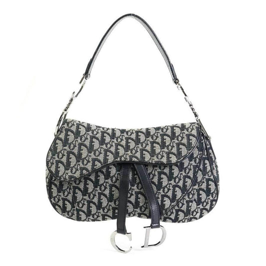 CHRISTIAN DIOR Shoulder Bag Trotter Double Saddle Canvas/Leather Gray/Black Silver Ladies