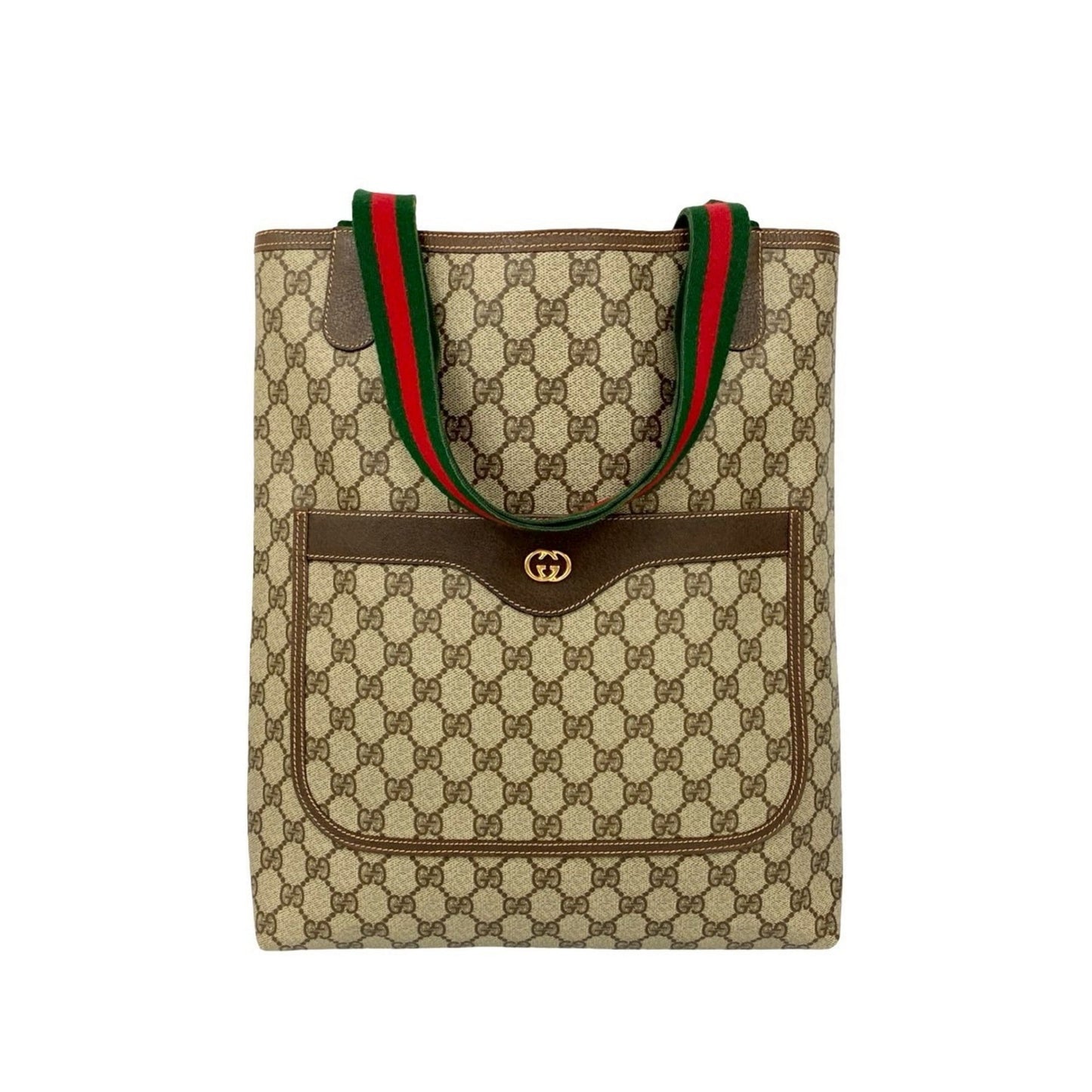 Gucci Brown Green Red Color Leather Pvc Handbag Tote Bag ( )