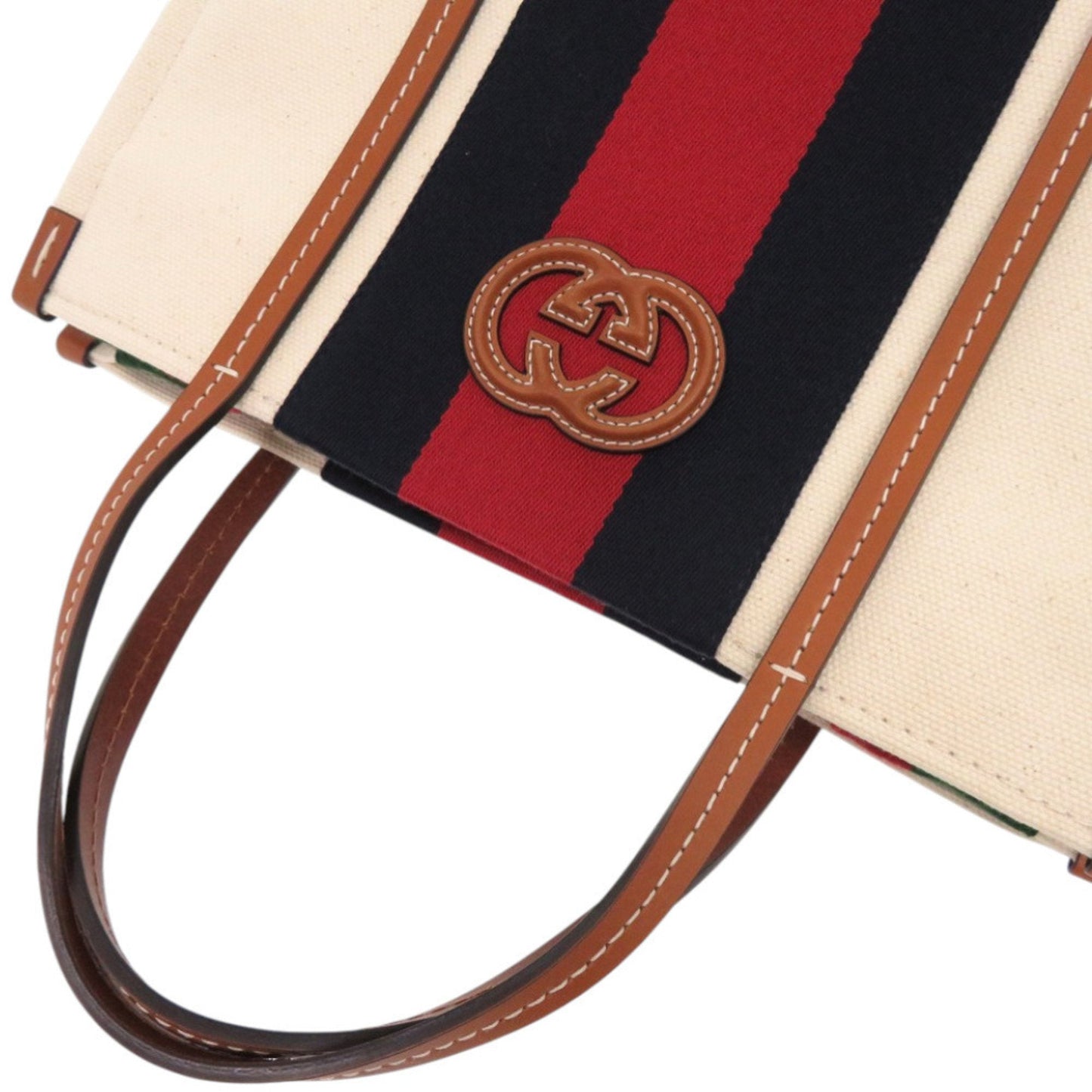 Gucci Sherry Line Navy Red Color White Canvas Tote Bag ( )