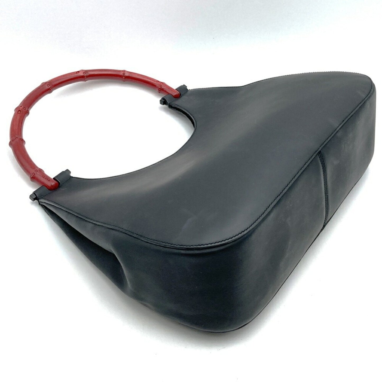 Gucci Black Red Color Leather Bamboo Shoulder Bag ( )