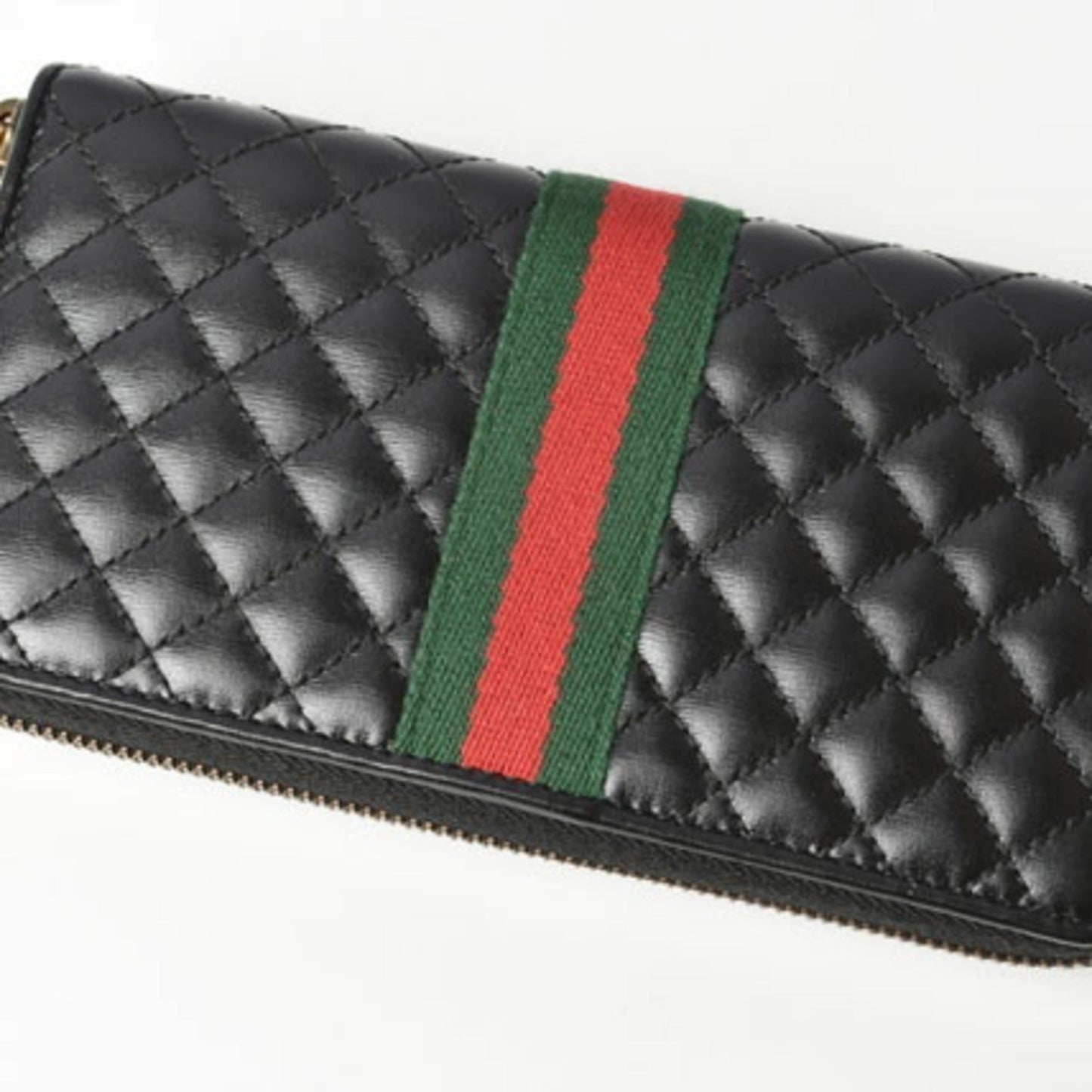 Gucci Black Green Red Color Quilting Long Wallet (Bi-Fold)