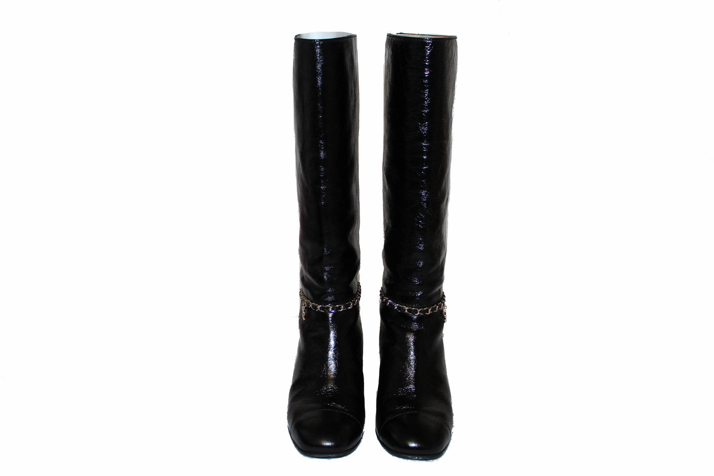 Chanel Black Patent Leather CC Logo Chain High Boots Size 36C