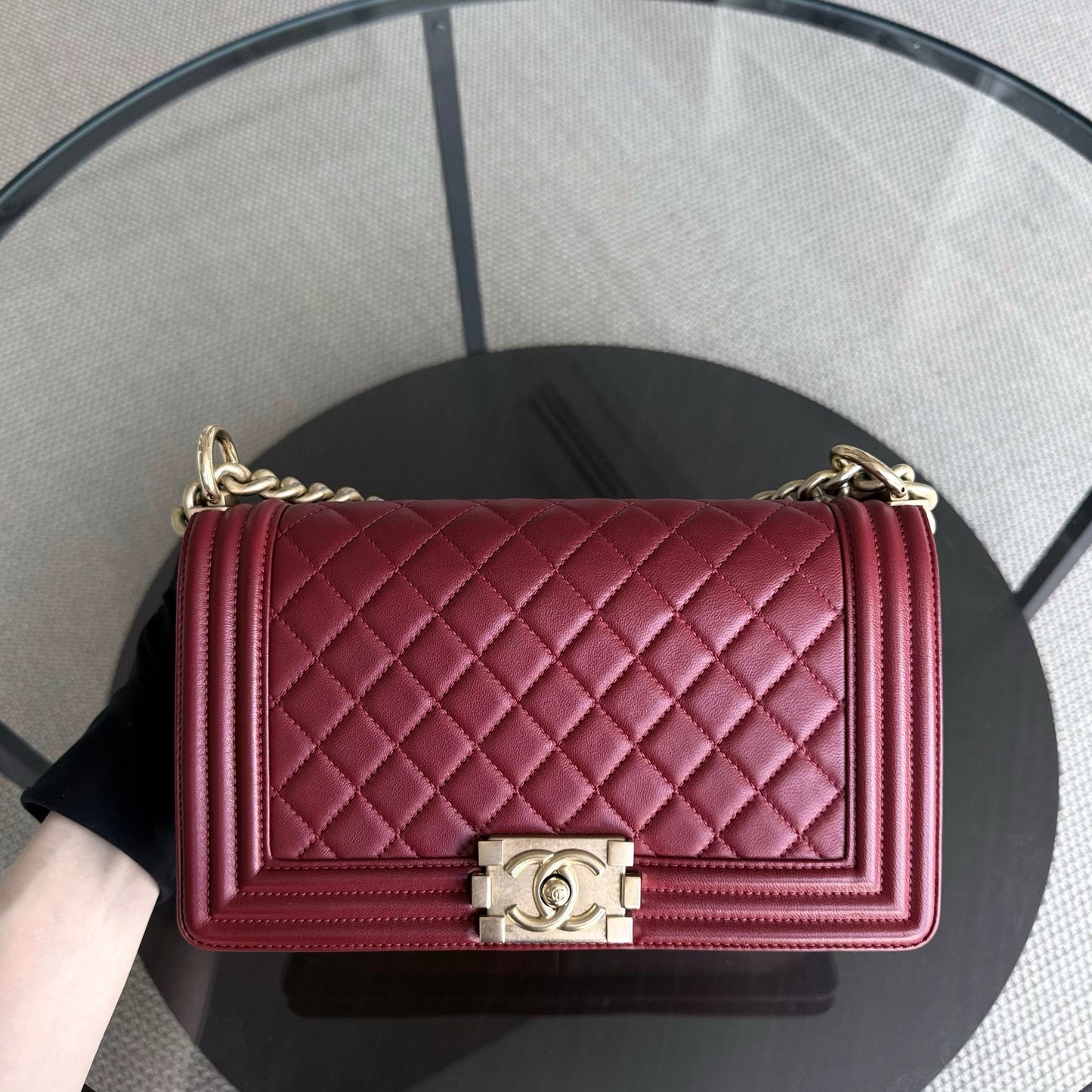 Chanel Boy Medium - 25CM Quilted Lambskin Red Gold Hardware Series 24