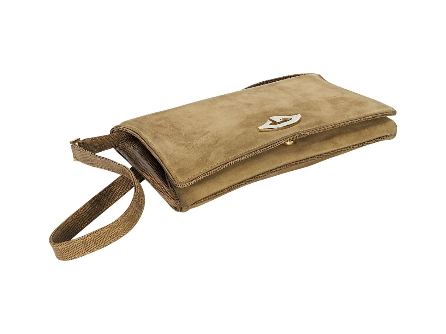 Tan   Gucci Suede & Crocodile Shoulder Bag