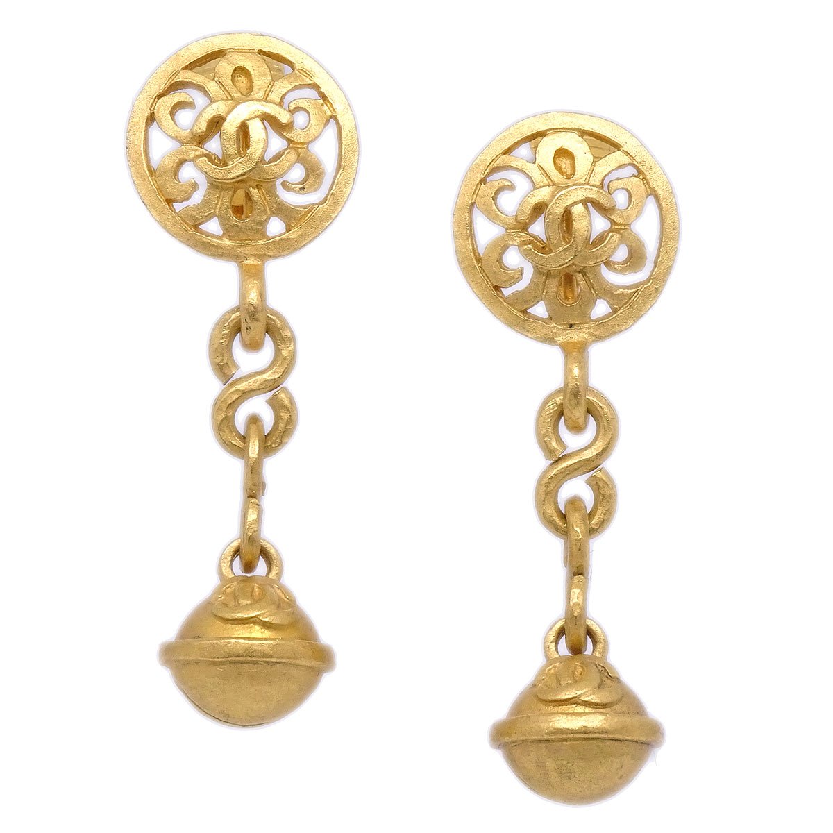 CHANEL 1995 Bell Dangle Earrings Clip-On Gold 39231
