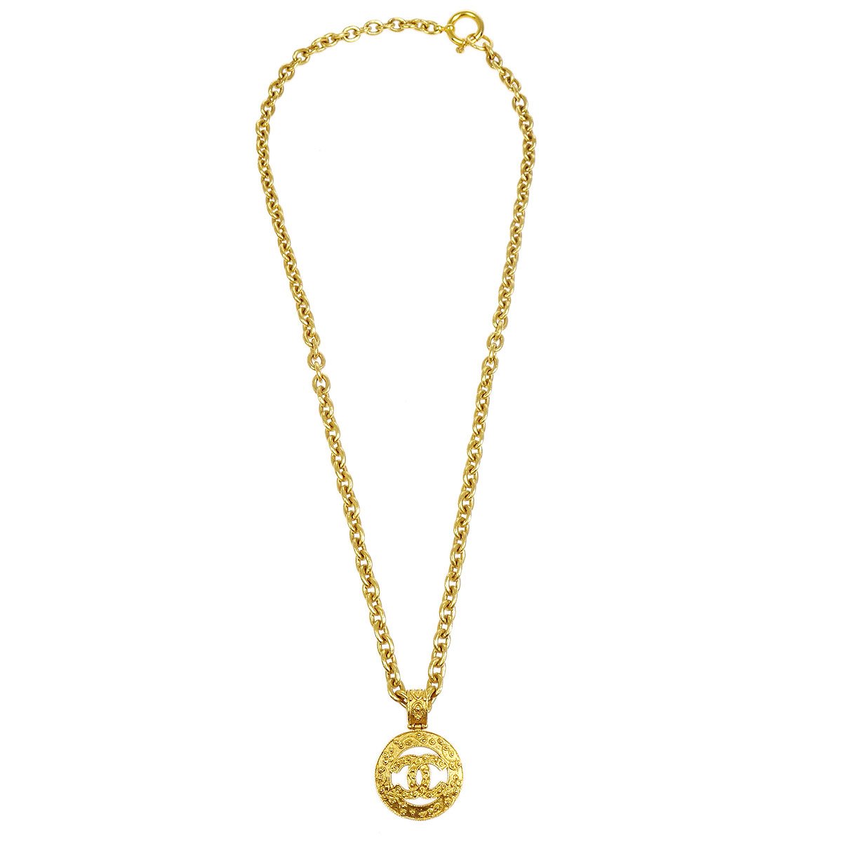 CHANEL 1994 Cutout Medallion Gold Chain Pendant Necklace 37944