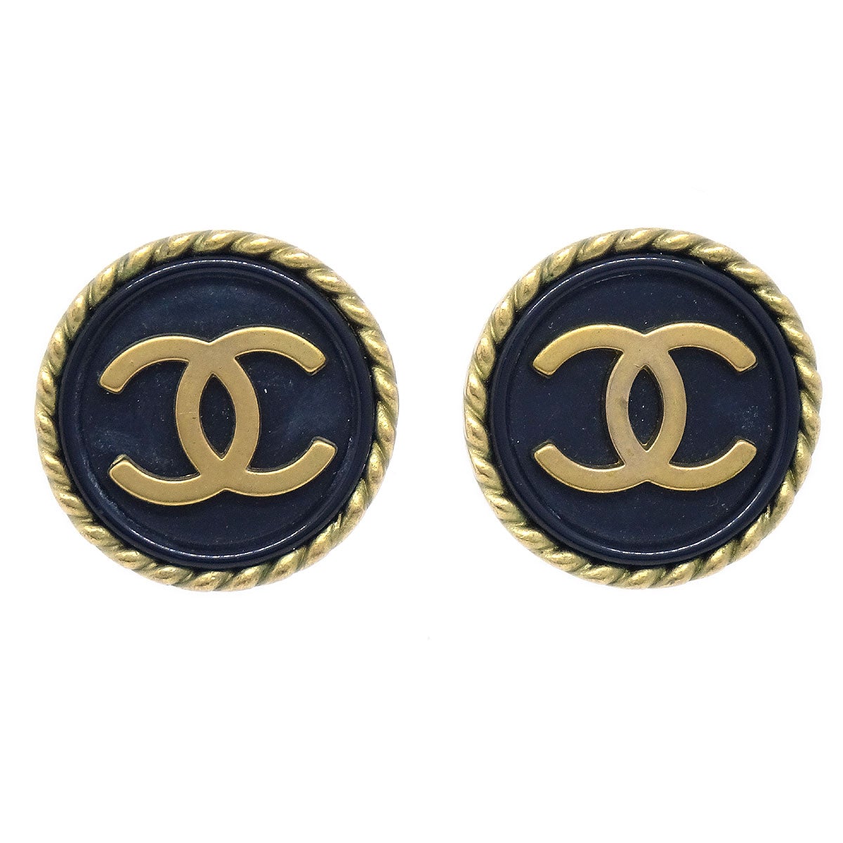 CHANEL 1994 Black & Gold CC Rope Edge Earrings 20638